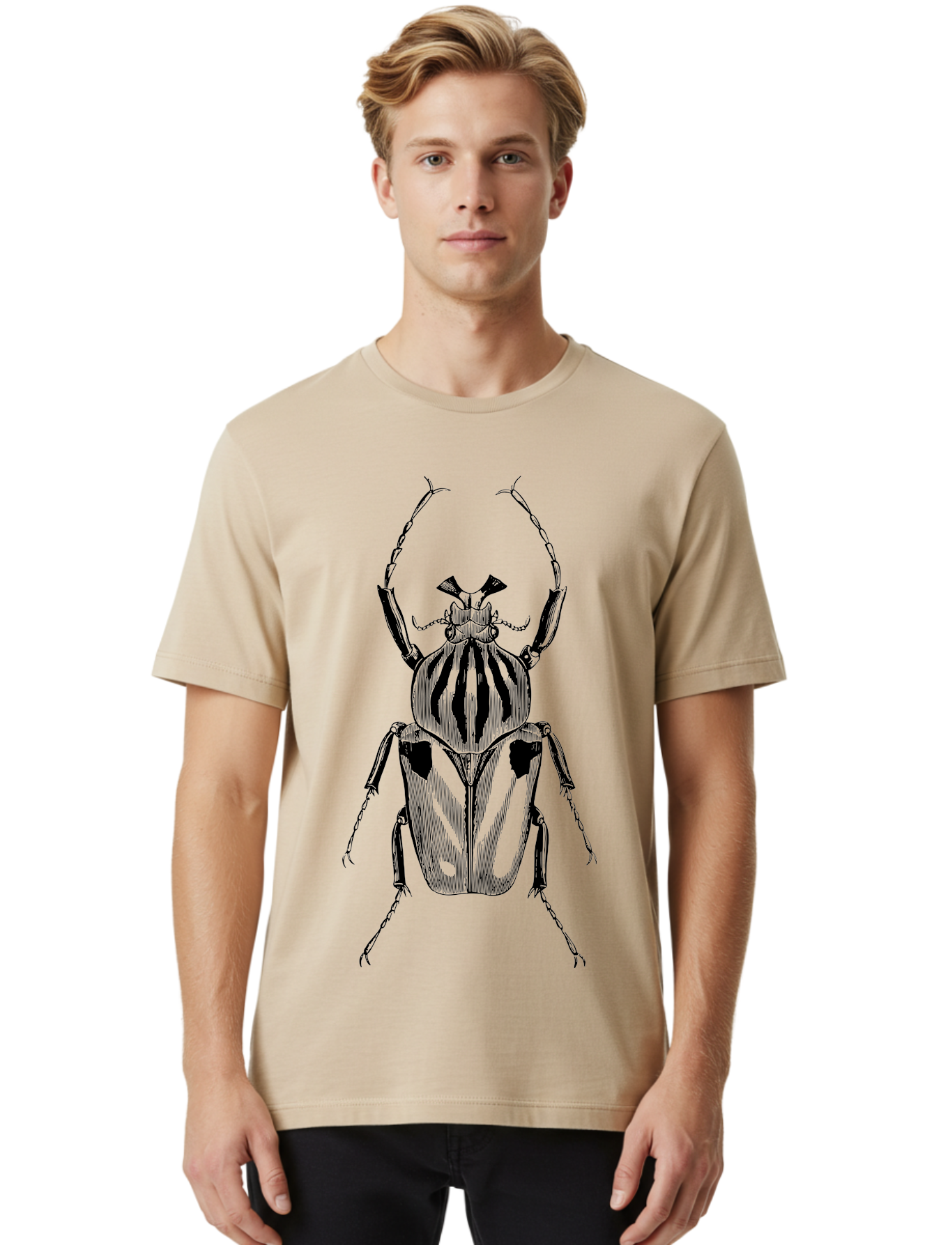 Beetle-Illustration-1 Men'S Graphic Tee, 100% Cotton, Comfortable Casual Summer Wear, Machine Washable, Beetle Illustration, Insect Art, Entomology, Striped Beetle, Black And Green, Detailed Drawing, Wildlife Illustration, Bug Graphics Aab507 28