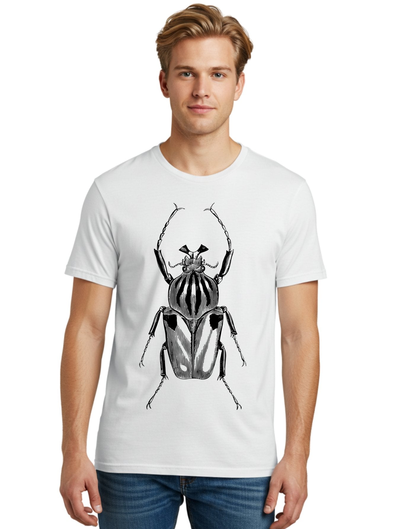 Beetle-Illustration-1 Men'S Graphic Tee, 100% Cotton, Comfortable Casual Summer Wear, Machine Washable, Beetle Illustration, Insect Art, Entomology, Striped Beetle, Black And Green, Detailed Drawing, Wildlife Illustration, Bug Graphics Aab507 20