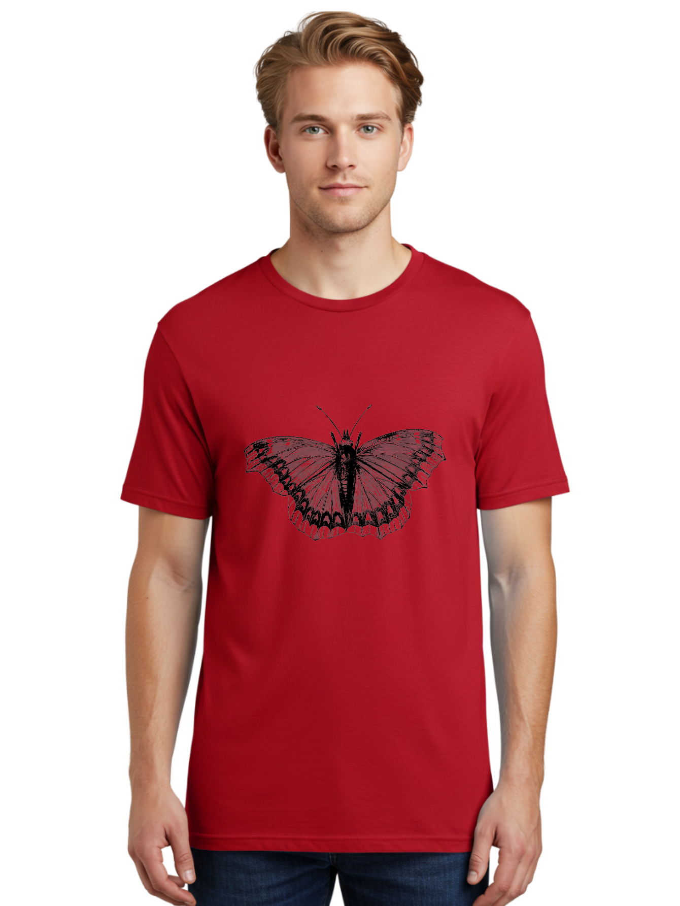 Butterfly-Illustration Men'S Graphic Tee, 100% Cotton, Comfortable Casual Summer Wear, Machine Washable, Butterfly Illustration, Insect Art, Wing Patterns, Detailed Drawing, Black And Green Hues, Fragile Beauty, Natural Design Aab514 24