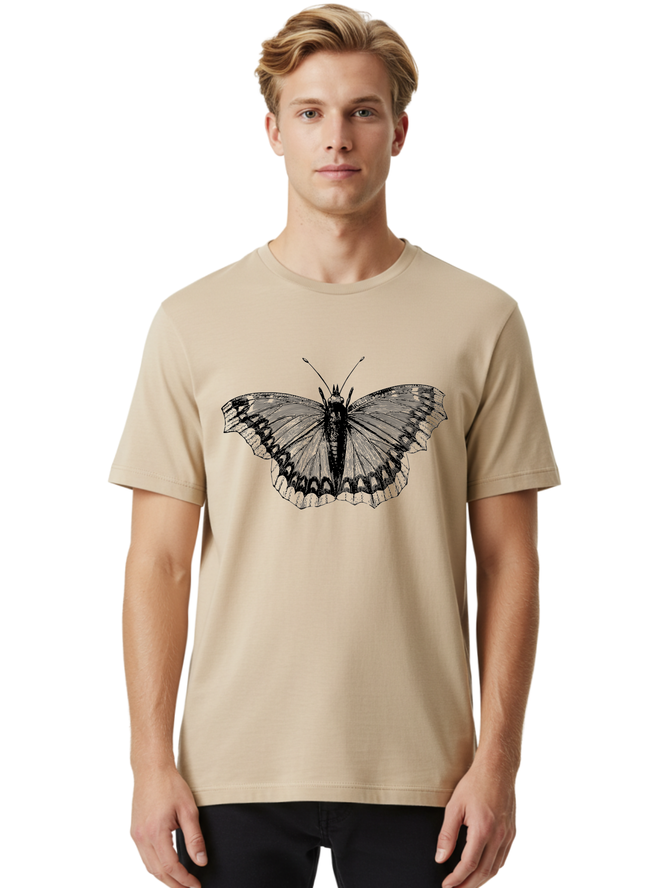 Butterfly-Illustration Men'S Graphic Tee, 100% Cotton, Comfortable Casual Summer Wear, Machine Washable, Butterfly Illustration, Insect Art, Wing Patterns, Detailed Drawing, Black And Green Hues, Fragile Beauty, Natural Design Aab514 28