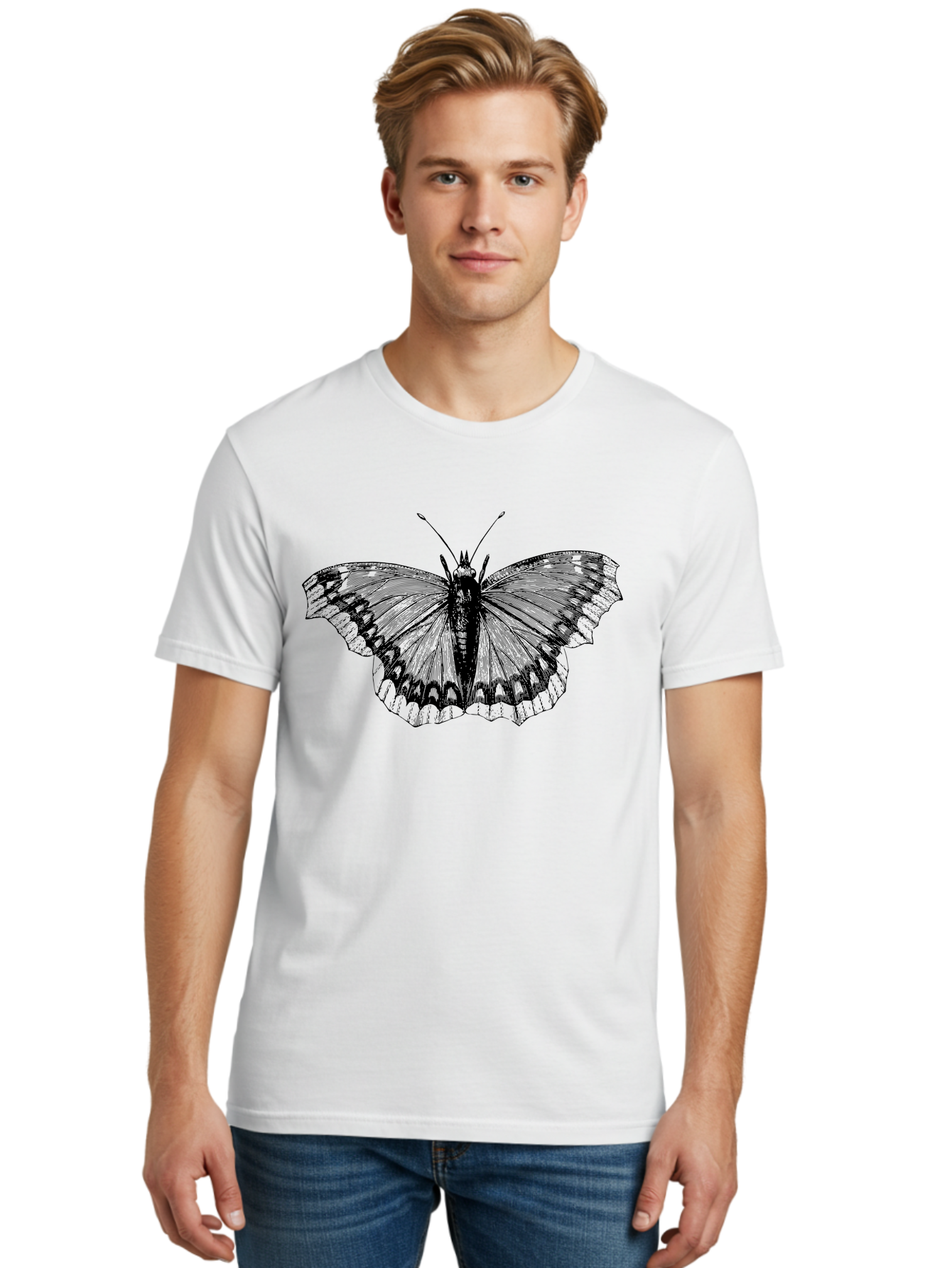 Butterfly-Illustration Men'S Graphic Tee, 100% Cotton, Comfortable Casual Summer Wear, Machine Washable, Butterfly Illustration, Insect Art, Wing Patterns, Detailed Drawing, Black And Green Hues, Fragile Beauty, Natural Design Aab514 30