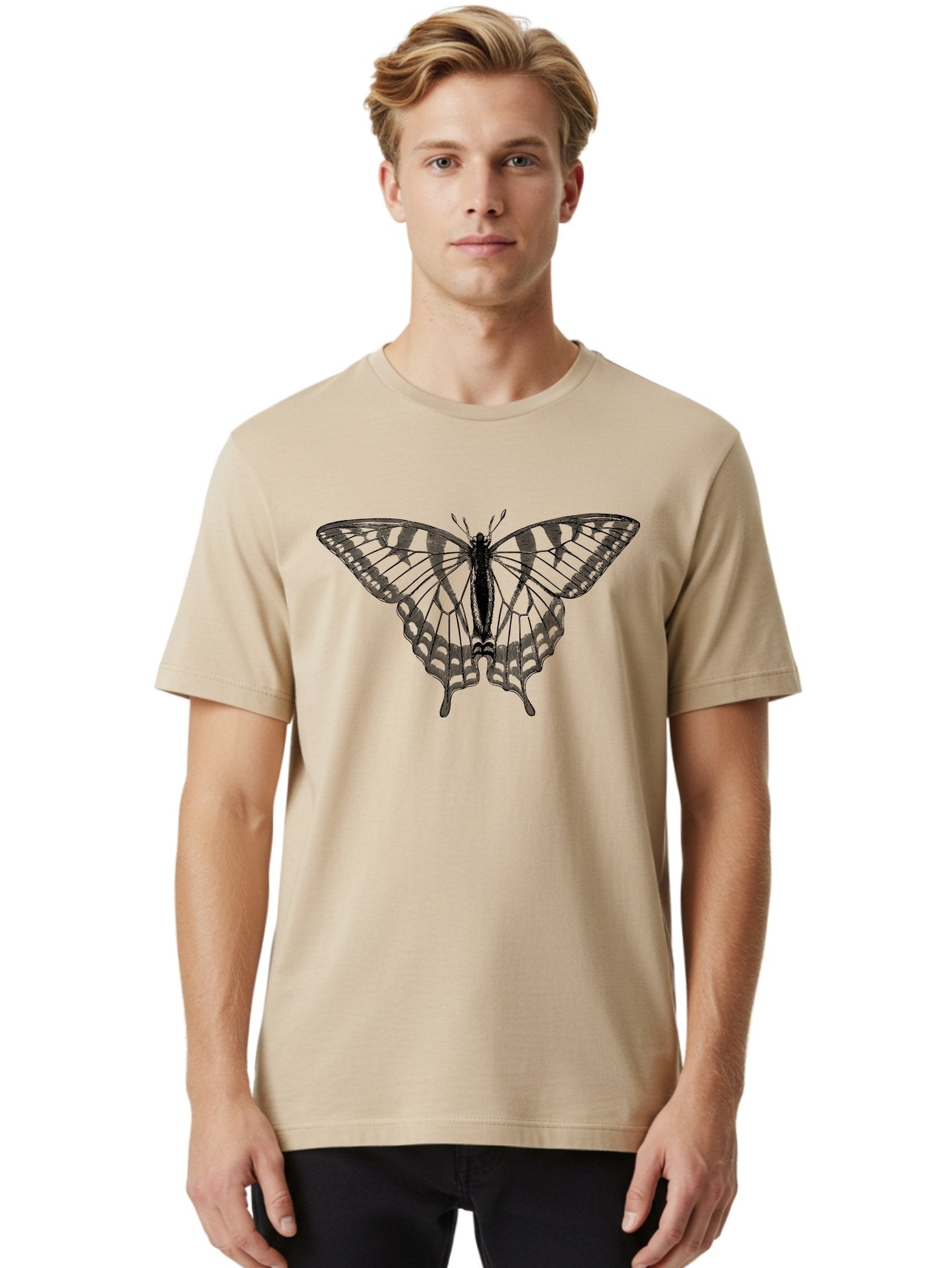 Butterfly-Silhouette Men'S Graphic Tee, 100% Cotton, Comfortable Casual Summer Wear, Machine Washable, Black Butterfly, Transparent Wings, Delicate Pattern, Intricate Design, Wings Spread Wide, Detailed Texture, Fragile Beauty, Insect Art Aab516 23