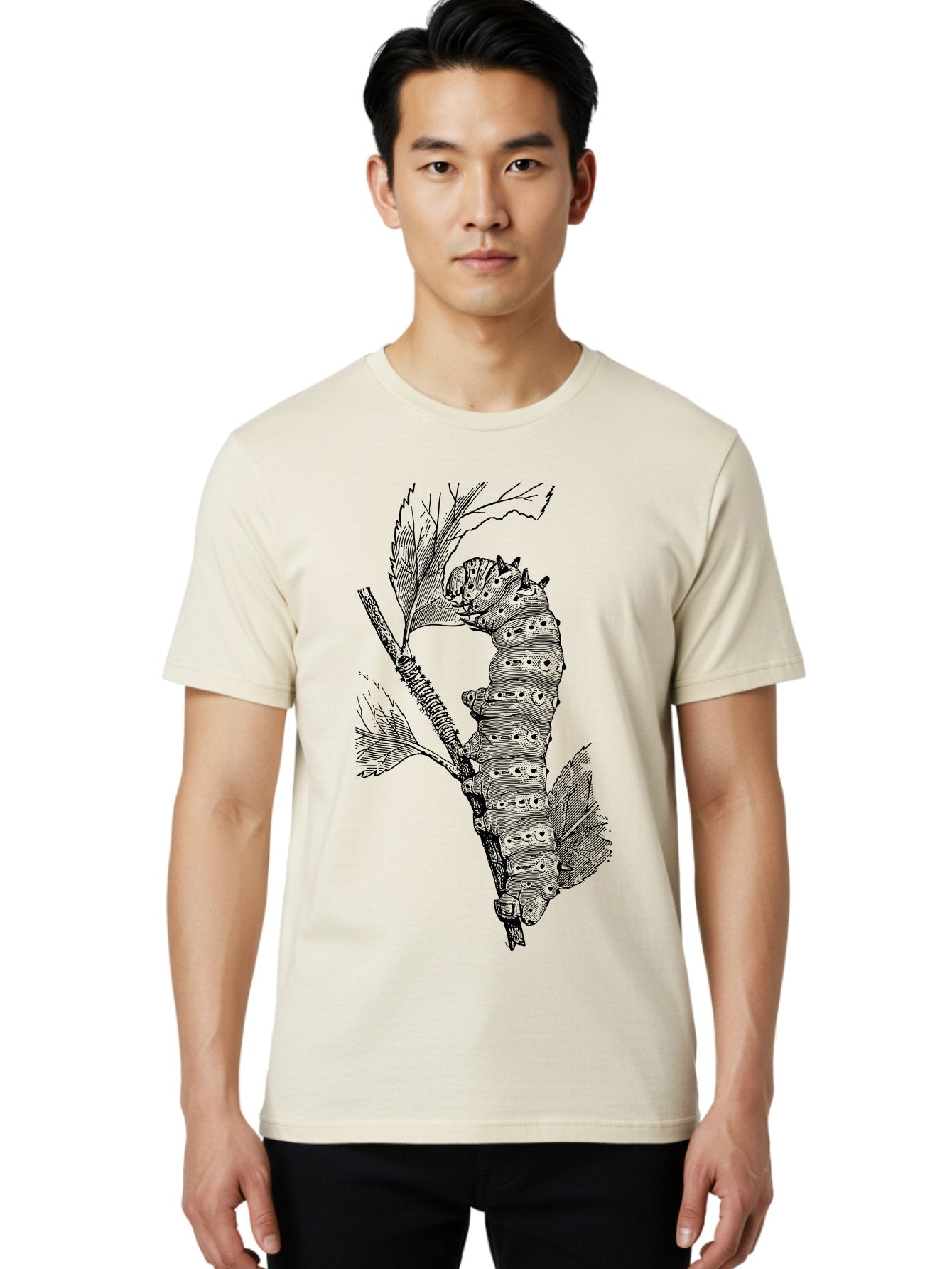 Caterpillar-On-Leaf-1 Men'S Graphic Tee, 100% Cotton, Comfortable Casual Summer Wear, Machine Washable, Caterpillar Eating Leaf, Insect Metamorphosis, Wildlife Illustration, Caterpillar Stage, Leaf Damage, Insect Life Cycle, Garden Pest Aab519 27