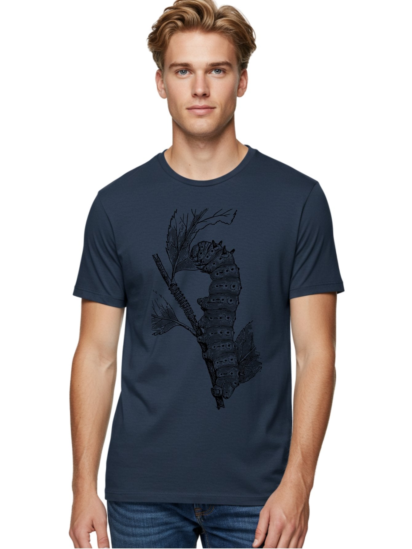 Caterpillar-On-Leaf-1 Men'S Graphic Tee, 100% Cotton, Comfortable Casual Summer Wear, Machine Washable, Caterpillar Eating Leaf, Insect Metamorphosis, Wildlife Illustration, Caterpillar Stage, Leaf Damage, Insect Life Cycle, Garden Pest Aab519 16