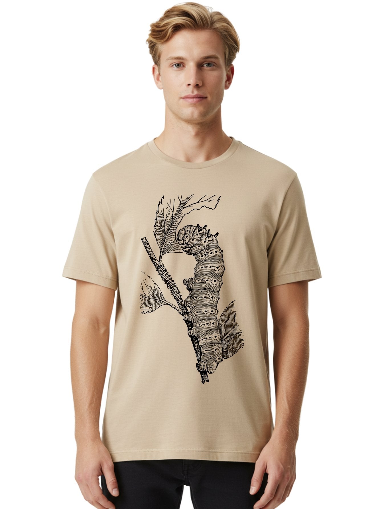 Caterpillar-On-Leaf-1 Men'S Graphic Tee, 100% Cotton, Comfortable Casual Summer Wear, Machine Washable, Caterpillar Eating Leaf, Insect Metamorphosis, Wildlife Illustration, Caterpillar Stage, Leaf Damage, Insect Life Cycle, Garden Pest Aab519 30