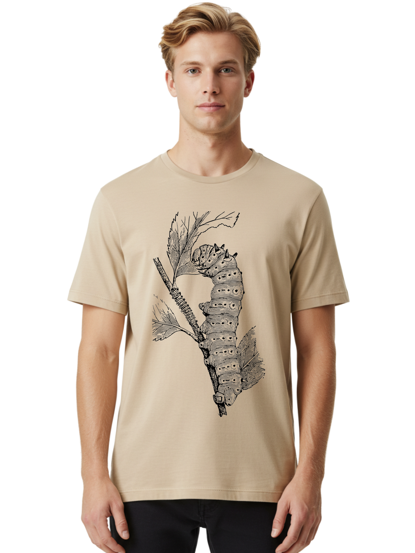 Caterpillar-On-Leaf-1 Men'S Graphic Tee, 100% Cotton, Comfortable Casual Summer Wear, Machine Washable, Caterpillar Eating Leaf, Insect Metamorphosis, Wildlife Illustration, Caterpillar Stage, Leaf Damage, Insect Life Cycle, Garden Pest Aab519