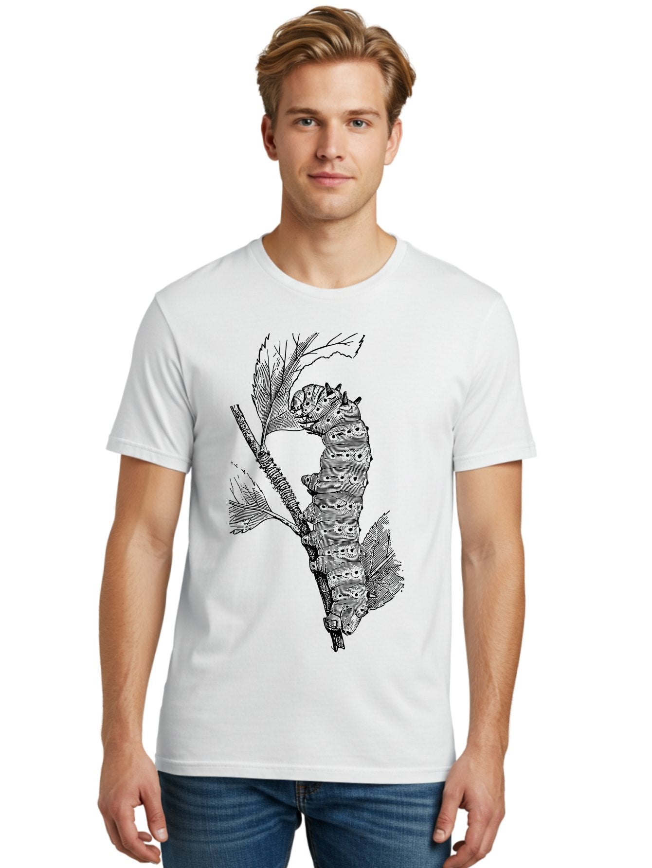 Caterpillar-On-Leaf-1 Men'S Graphic Tee, 100% Cotton, Comfortable Casual Summer Wear, Machine Washable, Caterpillar Eating Leaf, Insect Metamorphosis, Wildlife Illustration, Caterpillar Stage, Leaf Damage, Insect Life Cycle, Garden Pest Aab519 23