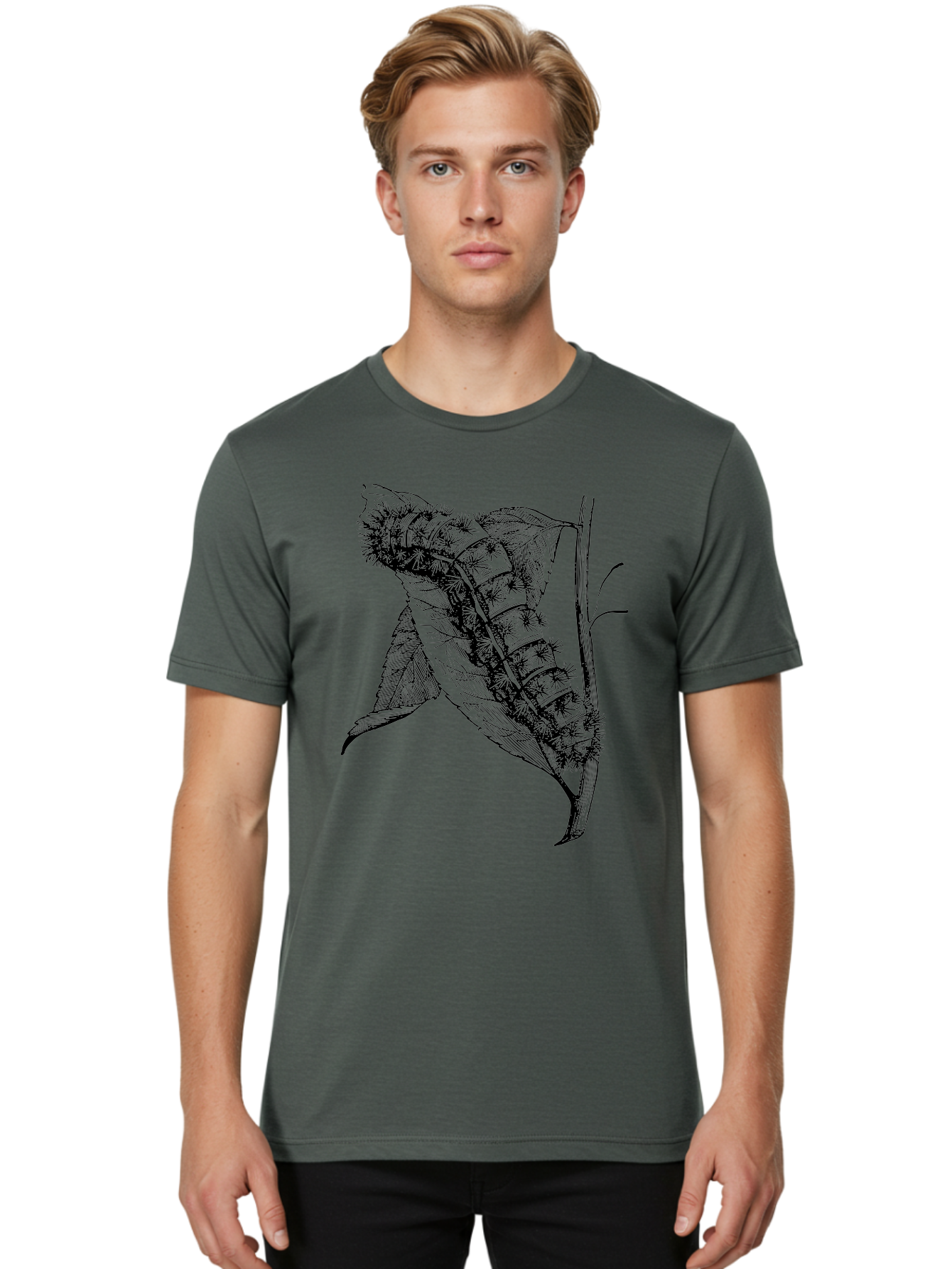 Caterpillar-On-Leaf Men'S Graphic Tee, 100% Cotton, Comfortable Casual Summer Wear, Machine Washable, Caterpillar On A Leaf, Insect Life Cycle, Metamorphosis, Nature Illustration, Botanical Art, Wildlife, Detailed Drawing, Spiky Caterpillar, Aab520