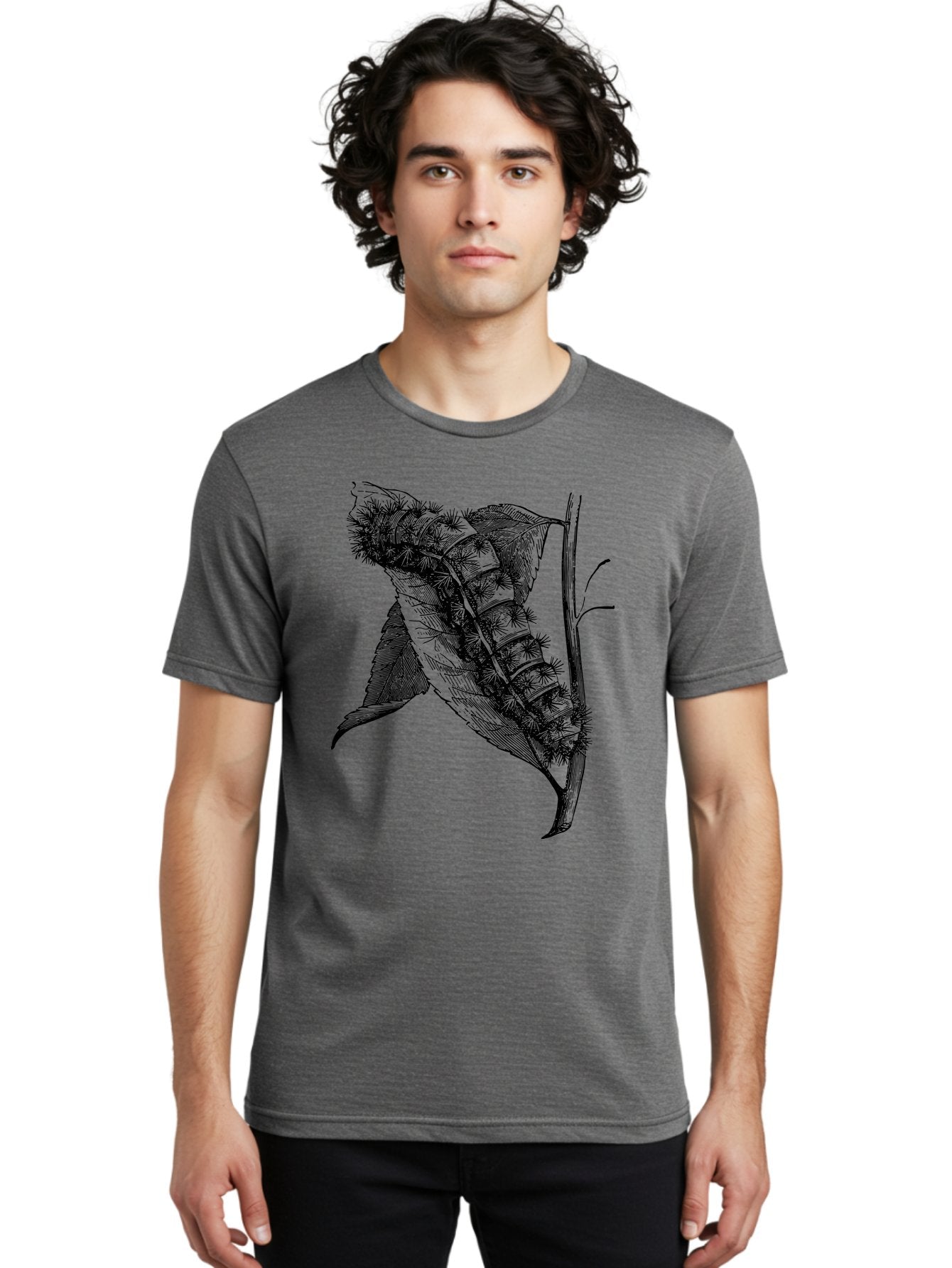 Caterpillar-On-Leaf Men'S Graphic Tee, 100% Cotton, Comfortable Casual Summer Wear, Machine Washable, Caterpillar On A Leaf, Insect Life Cycle, Metamorphosis, Nature Illustration, Botanical Art, Wildlife, Detailed Drawing, Spiky Caterpillar, Aab520 21