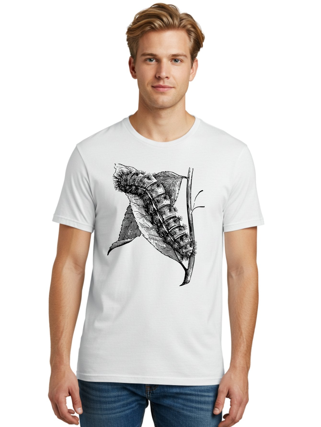 Caterpillar-On-Leaf Men'S Graphic Tee, 100% Cotton, Comfortable Casual Summer Wear, Machine Washable, Caterpillar On A Leaf, Insect Life Cycle, Metamorphosis, Nature Illustration, Botanical Art, Wildlife, Detailed Drawing, Spiky Caterpillar, Aab520 24