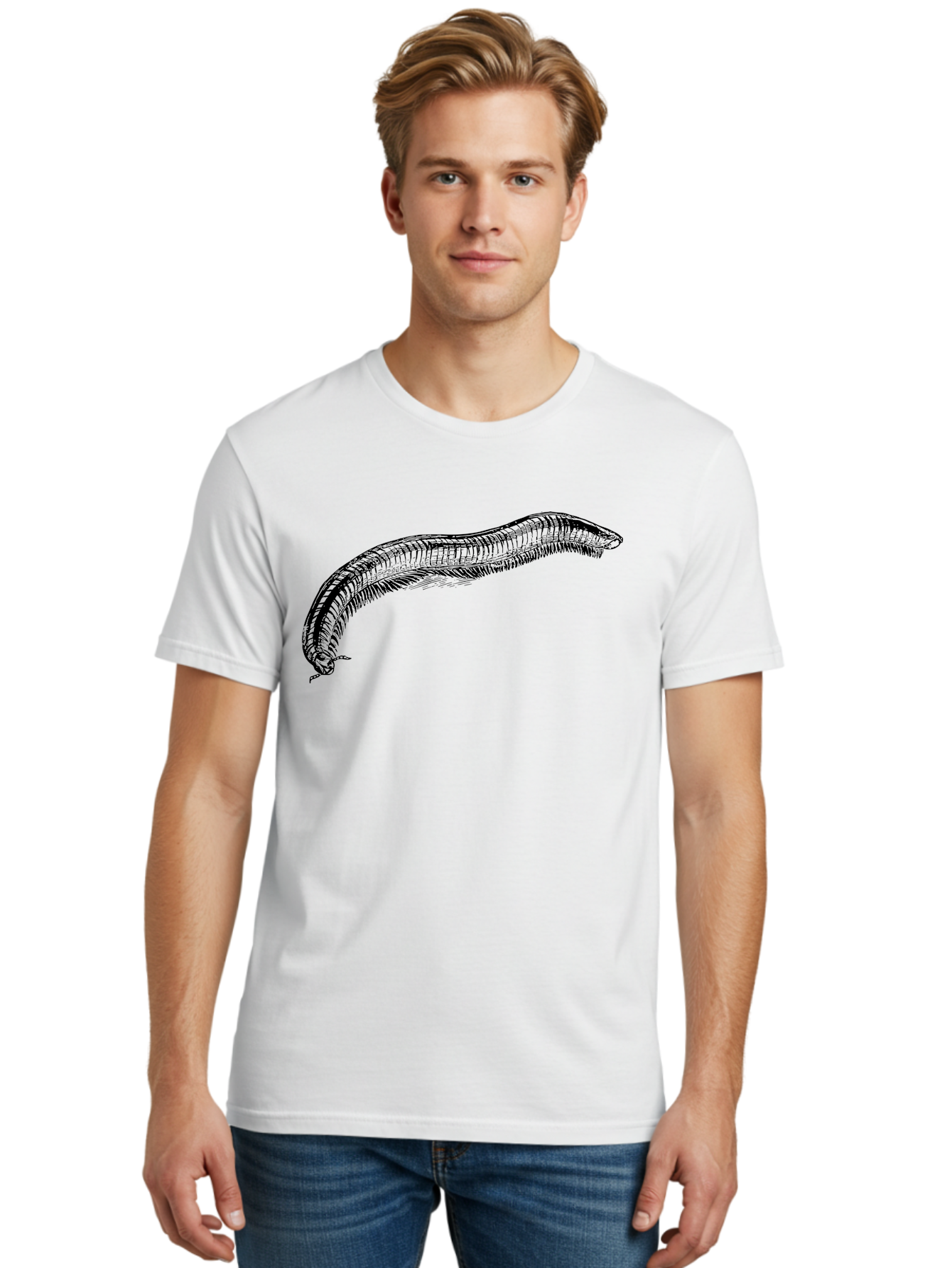 Centipede Men'S Graphic Tee, 100% Cotton, Comfortable Casual Summer Wear, Machine Washable, Centipede, Arthropod, Insect Anatomy, Detailed Drawing, Black Lines, Simple Background, Invertebrate, Segmented Body, Many Legs Aab522 30
