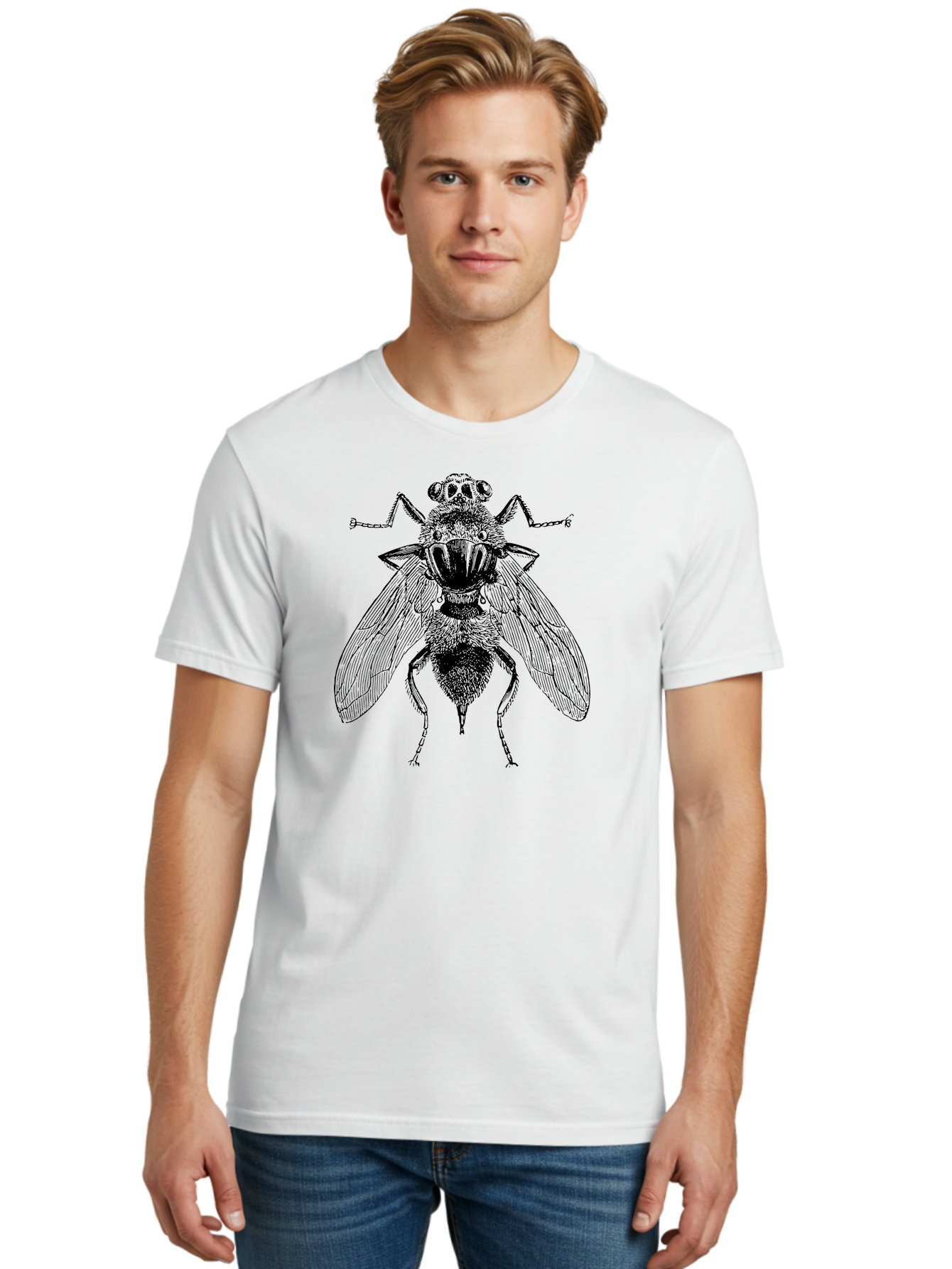 Fly-With-Chains Men'S Graphic Tee, 100% Cotton, Comfortable Casual Summer Wear, Machine Washable, Fly Illustration, Insect Art, Entomology, Chained Fly, Symbolic Art, Surreal Imagery, Detailed Drawing, Wings, Insects In Chains, Aab533 30