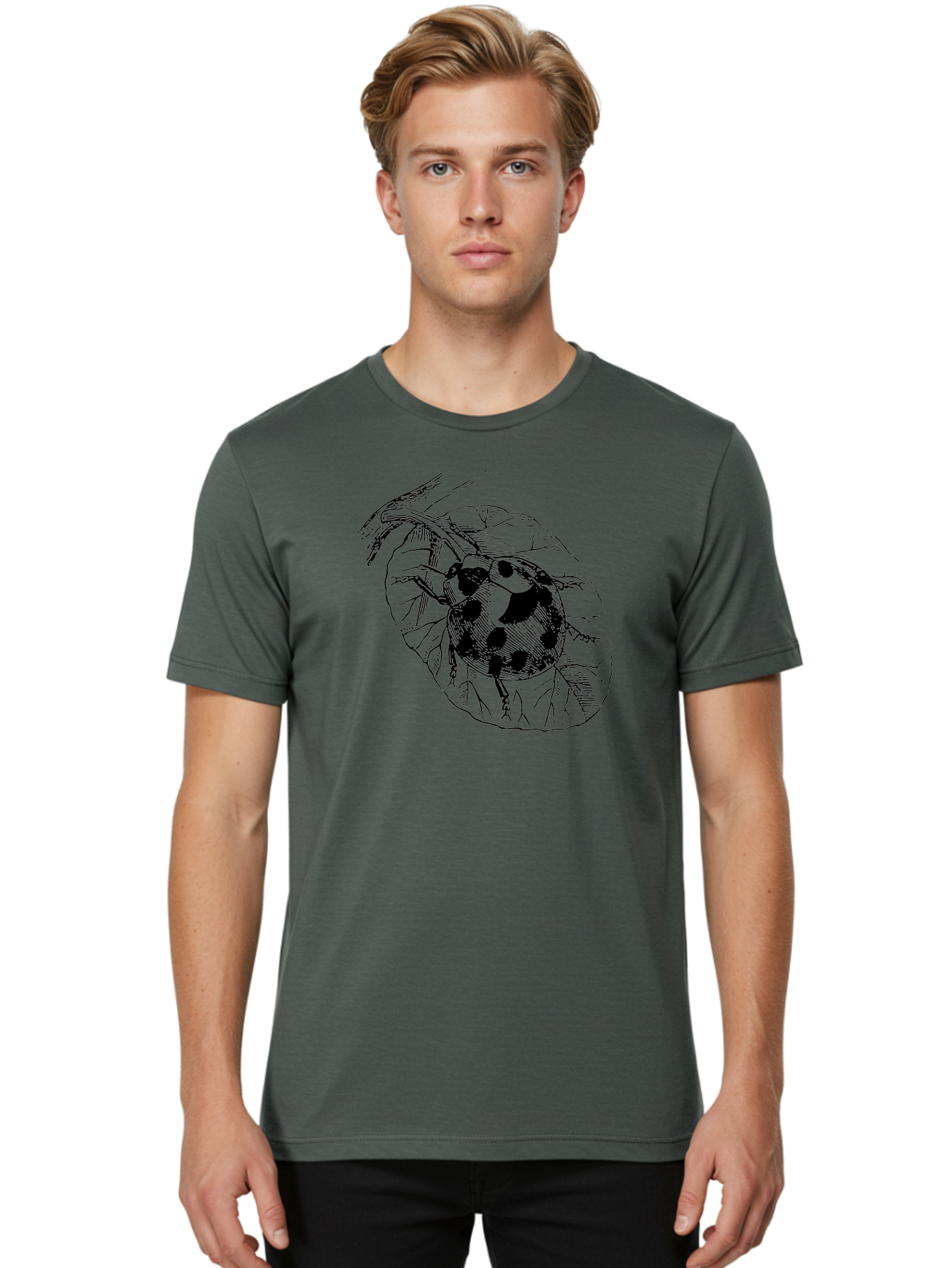 Ladybug-On-Leaf Men'S Graphic Tee, 100% Cotton, Comfortable Casual Summer Wear, Machine Washable, Ladybug On A Leaf, Black And White Illustration, Lady Beetle, Garden Insect, Sketch Art, Wildlife Illustration, Beetle On Foliage Aab541 4
