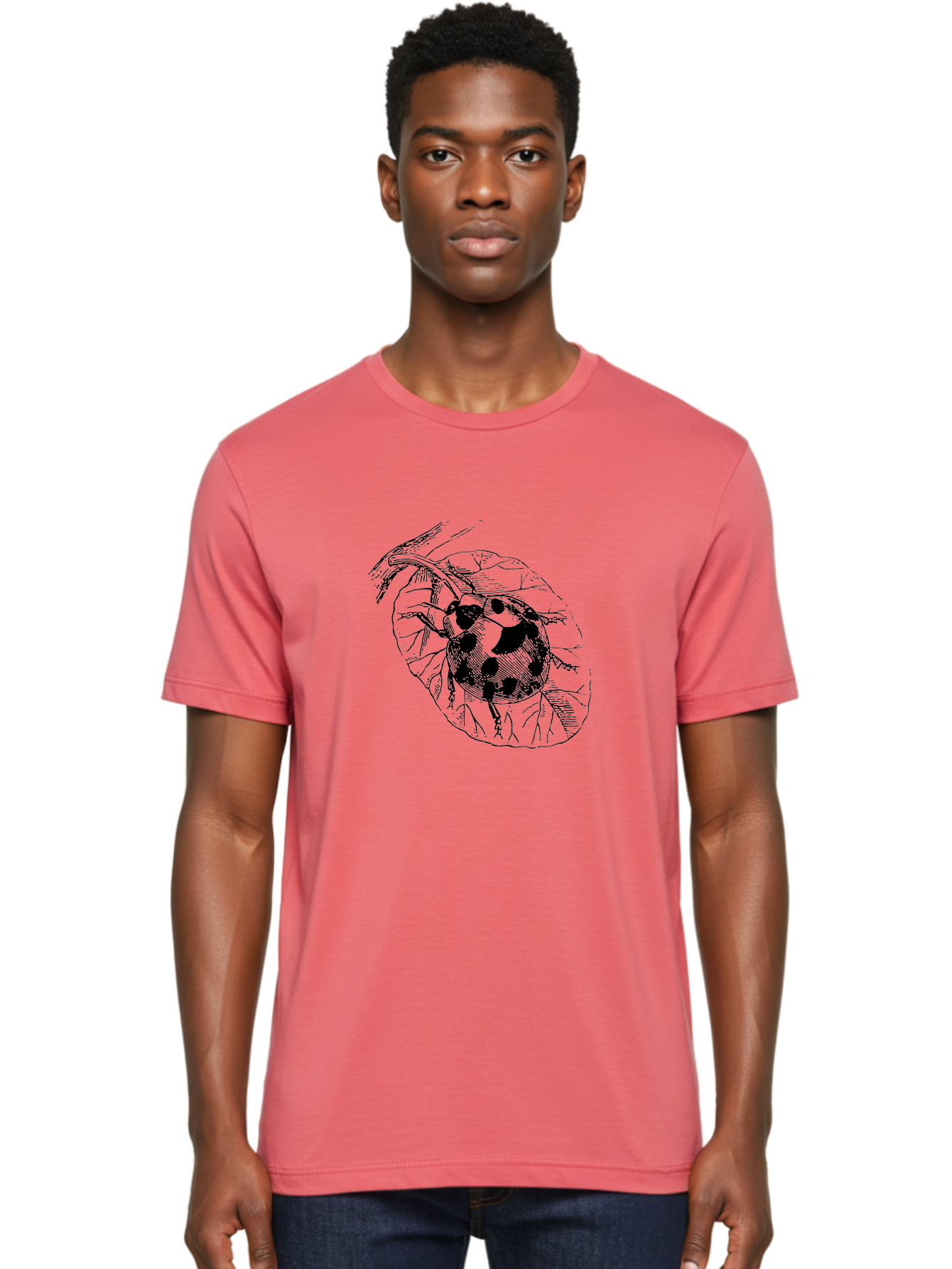 Ladybug-On-Leaf Men'S Graphic Tee, 100% Cotton, Comfortable Casual Summer Wear, Machine Washable, Ladybug On A Leaf, Black And White Illustration, Lady Beetle, Garden Insect, Sketch Art, Wildlife Illustration, Beetle On Foliage Aab541 6