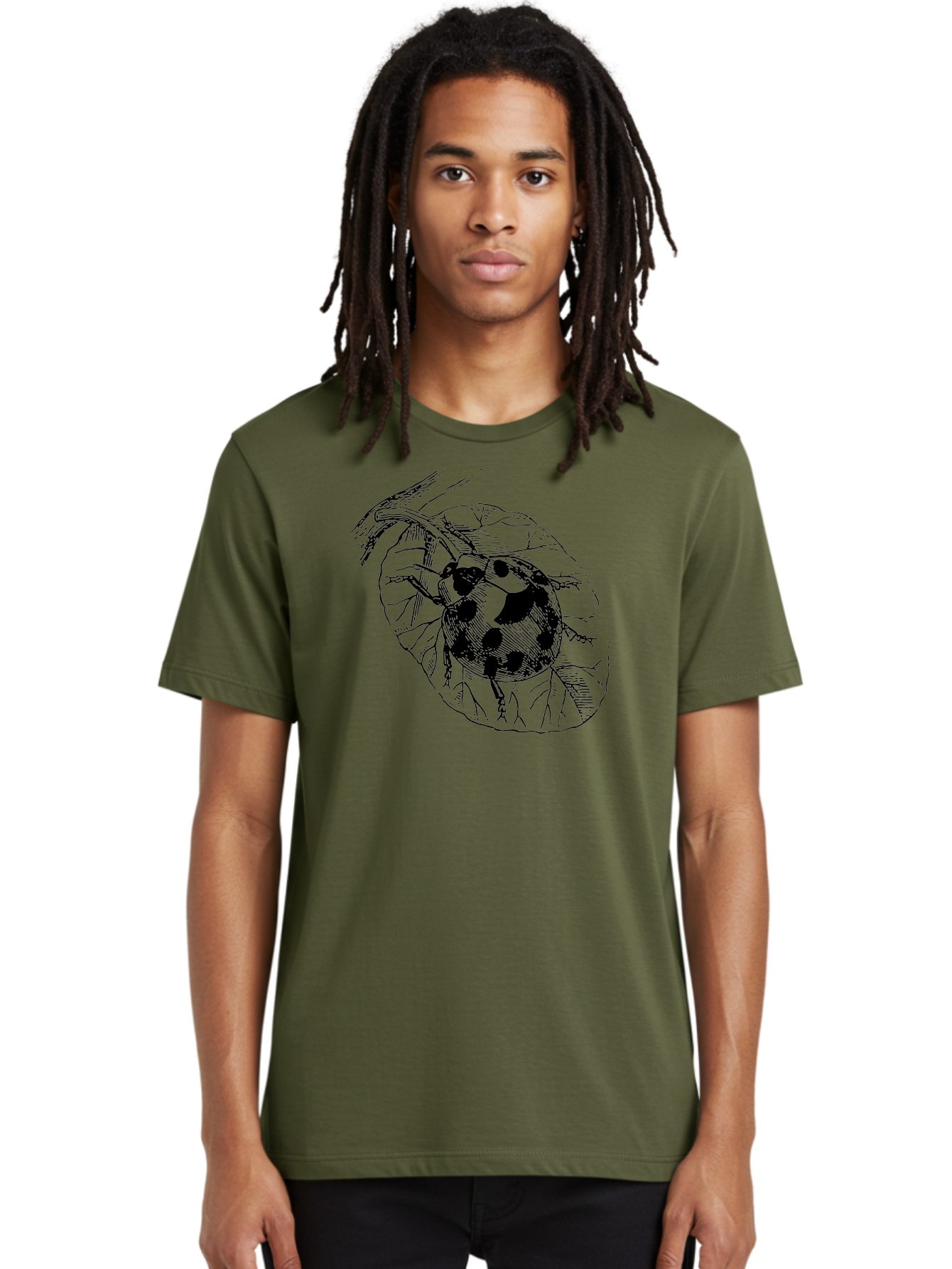 Ladybug-On-Leaf Men'S Graphic Tee, 100% Cotton, Comfortable Casual Summer Wear, Machine Washable, Ladybug On A Leaf, Black And White Illustration, Lady Beetle, Garden Insect, Sketch Art, Wildlife Illustration, Beetle On Foliage Aab541 16