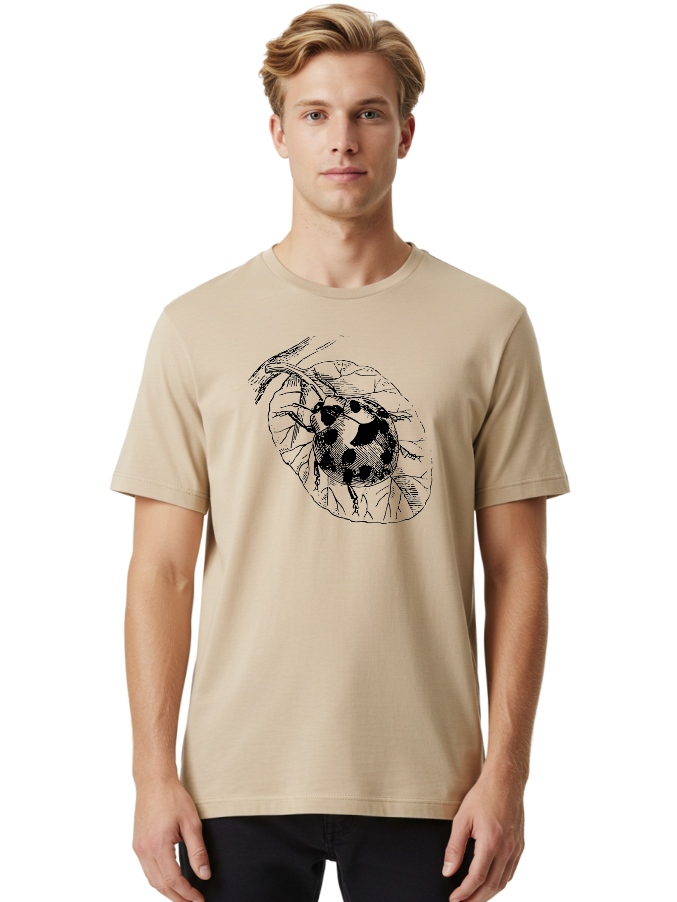 Ladybug-On-Leaf Men'S Graphic Tee, 100% Cotton, Comfortable Casual Summer Wear, Machine Washable, Ladybug On A Leaf, Black And White Illustration, Lady Beetle, Garden Insect, Sketch Art, Wildlife Illustration, Beetle On Foliage Aab541 28