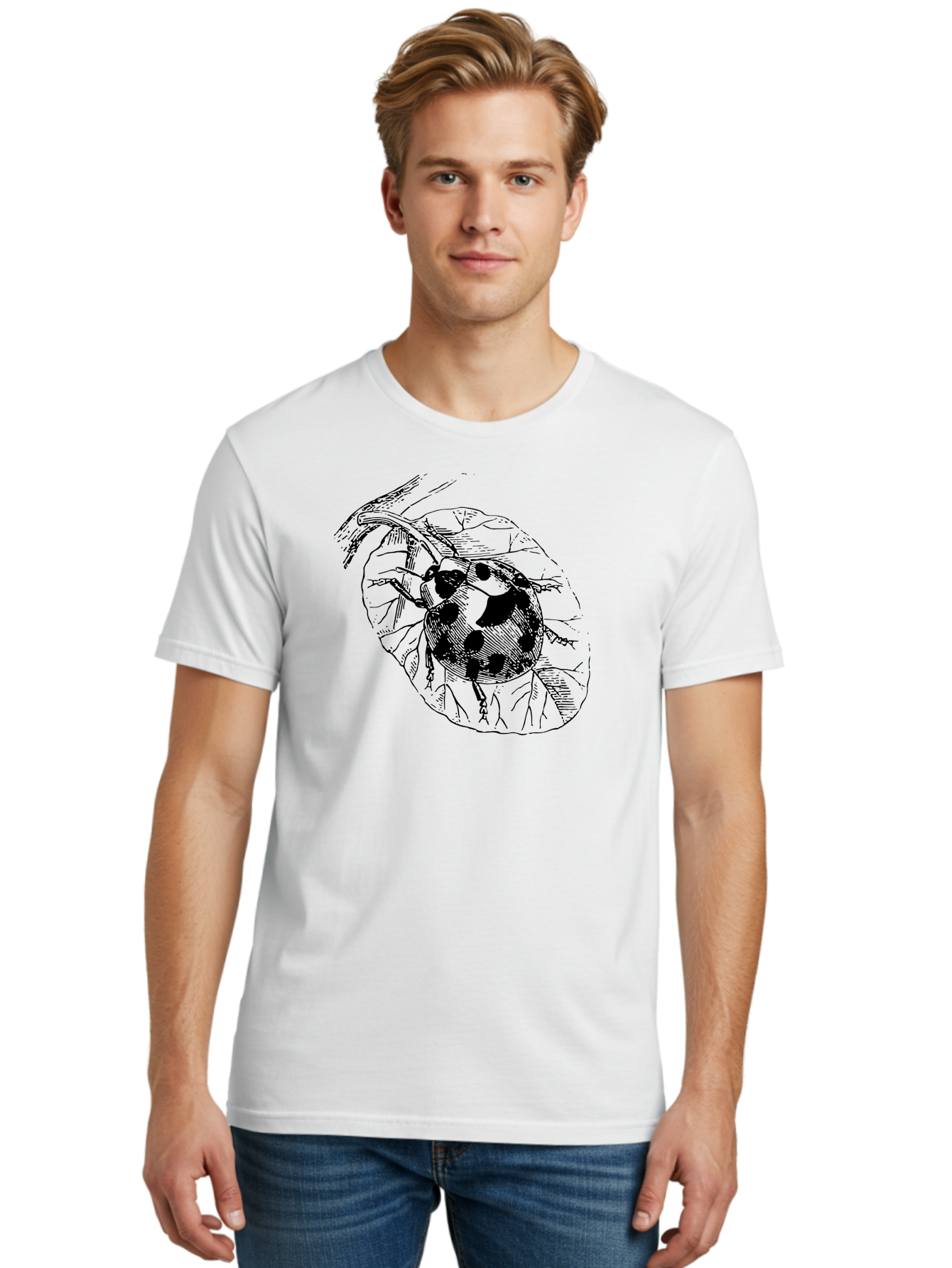 Ladybug-On-Leaf Men'S Graphic Tee, 100% Cotton, Comfortable Casual Summer Wear, Machine Washable, Ladybug On A Leaf, Black And White Illustration, Lady Beetle, Garden Insect, Sketch Art, Wildlife Illustration, Beetle On Foliage Aab541 30