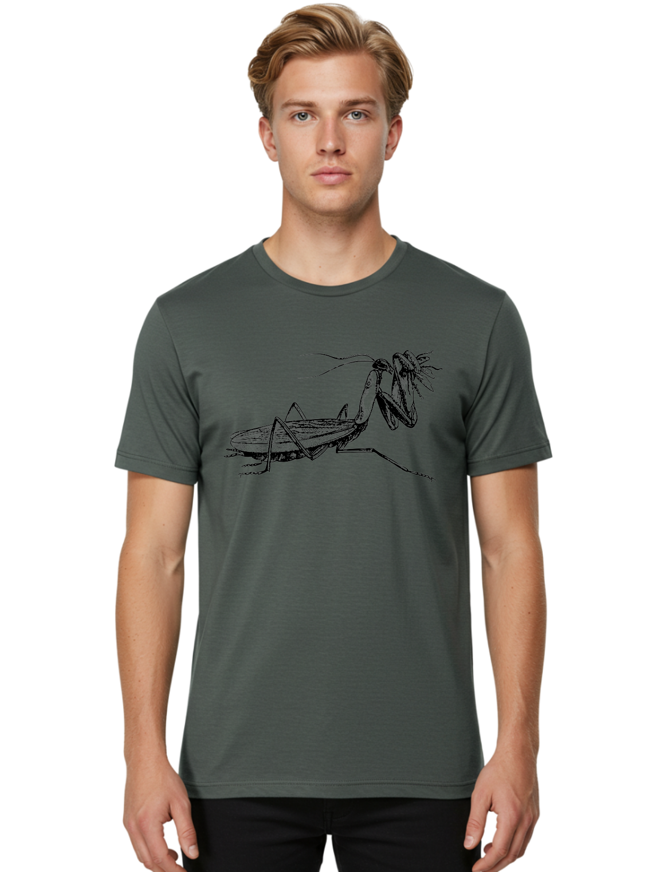 Mantis-Eating-Fly Men'S Graphic Tee, 100% Cotton, Comfortable Casual Summer Wear, Machine Washable, Praying Mantis Eating A Fly, Insect Predator, Detailed Illustration, Black And Green, Entomology Art, Wildlife Photography, Insect Behavior Aab544 4