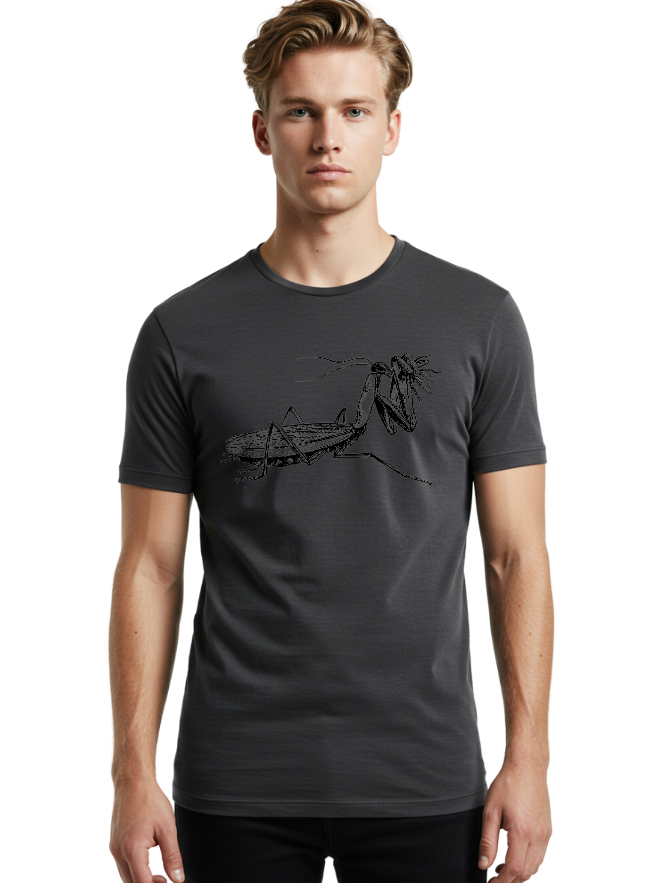 Mantis-Eating-Fly Men'S Graphic Tee, 100% Cotton, Comfortable Casual Summer Wear, Machine Washable, Praying Mantis Eating A Fly, Insect Predator, Detailed Illustration, Black And Green, Entomology Art, Wildlife Photography, Insect Behavior Aab544 8