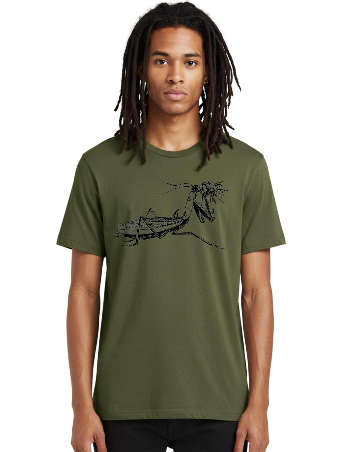 Mantis-Eating-Fly Men'S Graphic Tee, 100% Cotton, Comfortable Casual Summer Wear, Machine Washable, Praying Mantis Eating A Fly, Insect Predator, Detailed Illustration, Black And Green, Entomology Art, Wildlife Photography, Insect Behavior Aab544 16