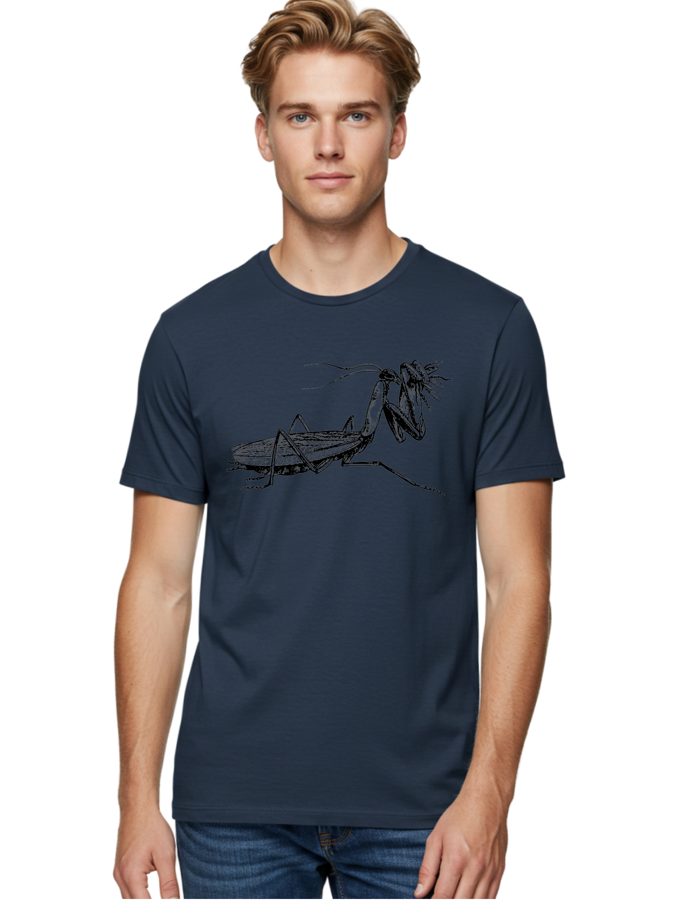Mantis-Eating-Fly Men'S Graphic Tee, 100% Cotton, Comfortable Casual Summer Wear, Machine Washable, Praying Mantis Eating A Fly, Insect Predator, Detailed Illustration, Black And Green, Entomology Art, Wildlife Photography, Insect Behavior Aab544 20
