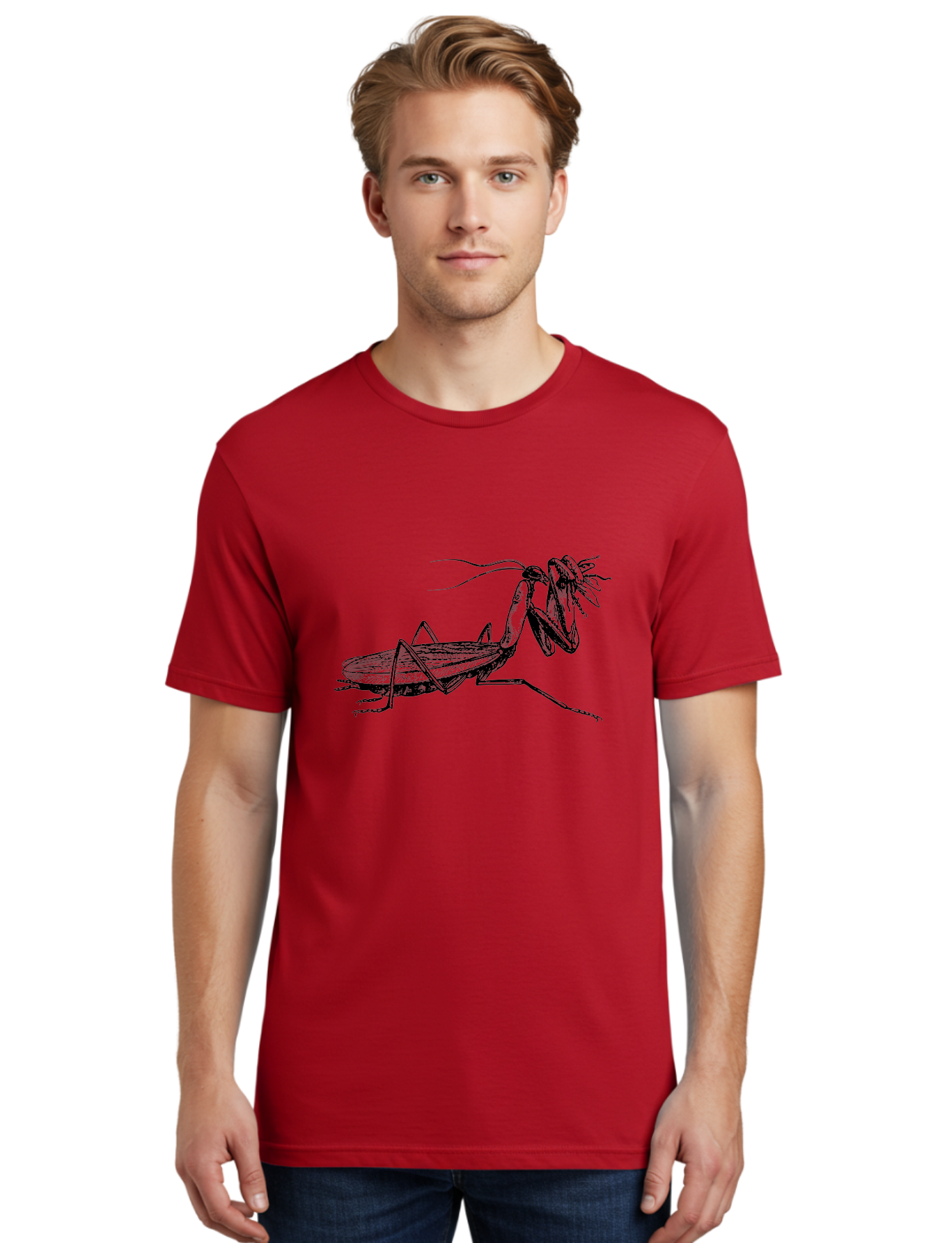 Mantis-Eating-Fly Men'S Graphic Tee, 100% Cotton, Comfortable Casual Summer Wear, Machine Washable, Praying Mantis Eating A Fly, Insect Predator, Detailed Illustration, Black And Green, Entomology Art, Wildlife Photography, Insect Behavior Aab544 24