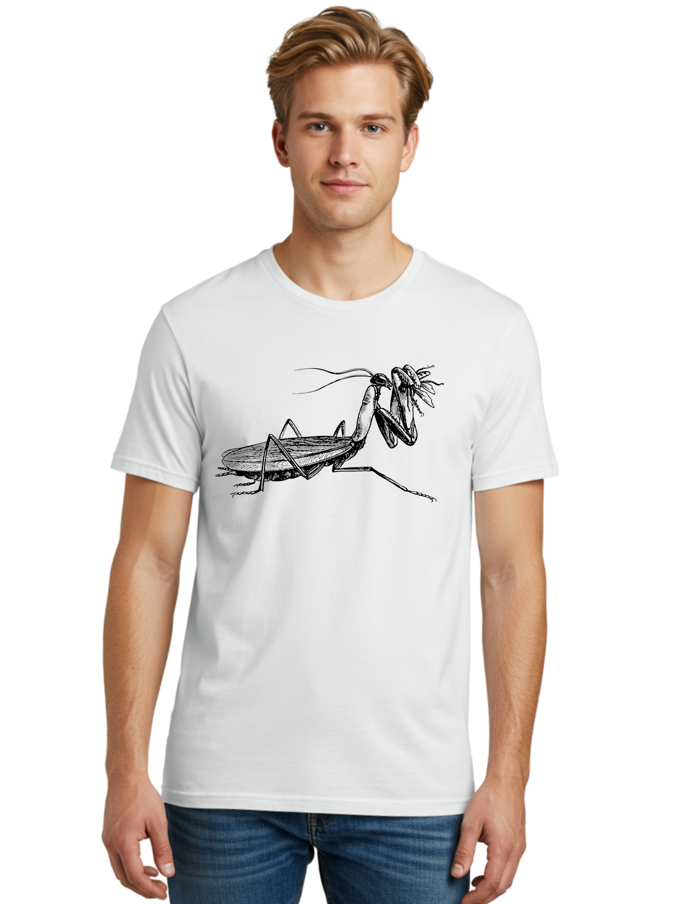Mantis-Eating-Fly Men'S Graphic Tee, 100% Cotton, Comfortable Casual Summer Wear, Machine Washable, Praying Mantis Eating A Fly, Insect Predator, Detailed Illustration, Black And Green, Entomology Art, Wildlife Photography, Insect Behavior Aab544 30
