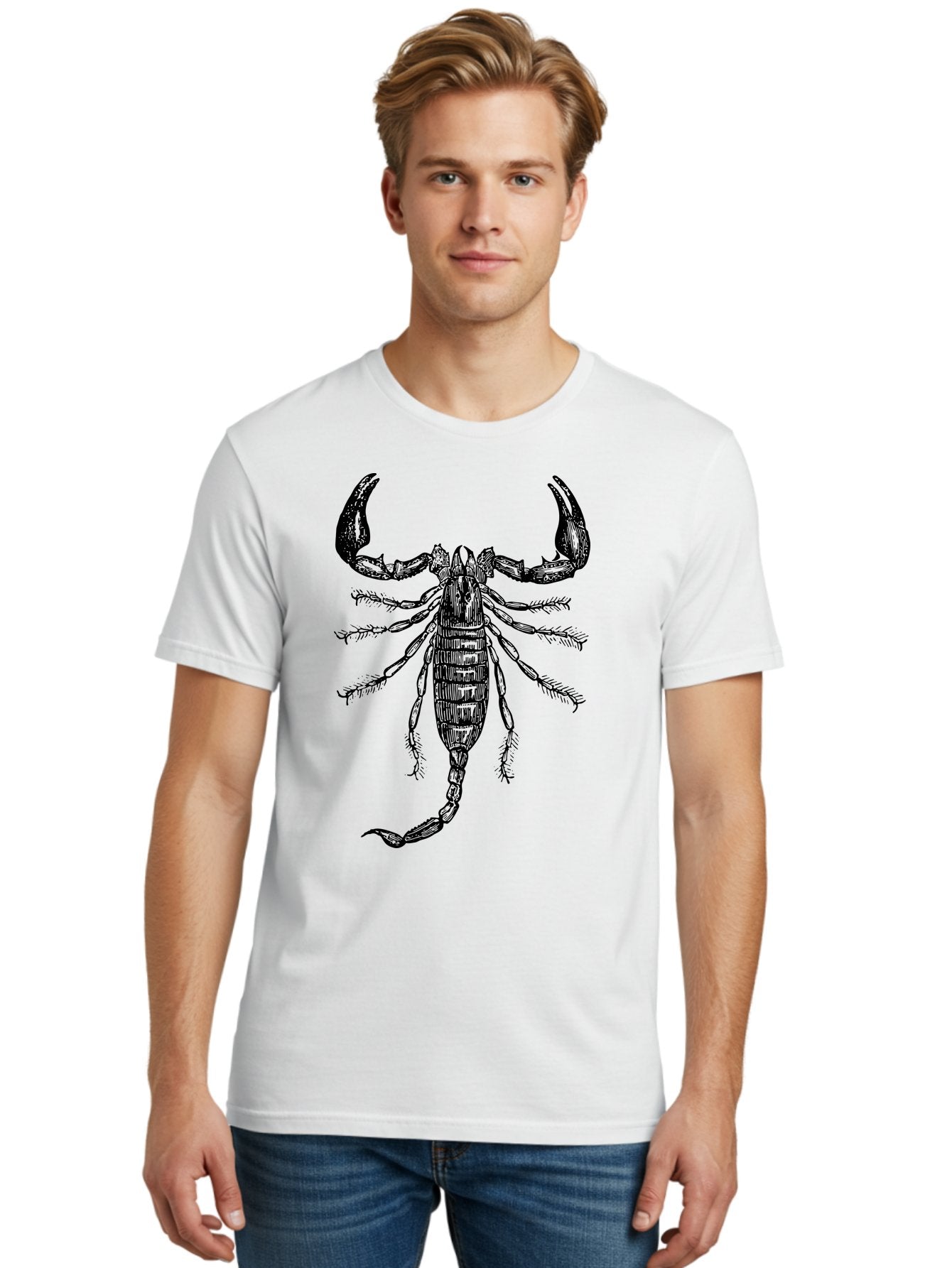 Scorpion-Illustration Men'S Graphic Tee, 100% Cotton, Comfortable Casual Summer Wear, Machine Washable, Scorpion Illustration, Arachnid Art, Creepy Crawlers, Venomous Creature, Detailed Drawing, Scorpion Anatomy, Dark Art, Gothic Design, Aab550 26