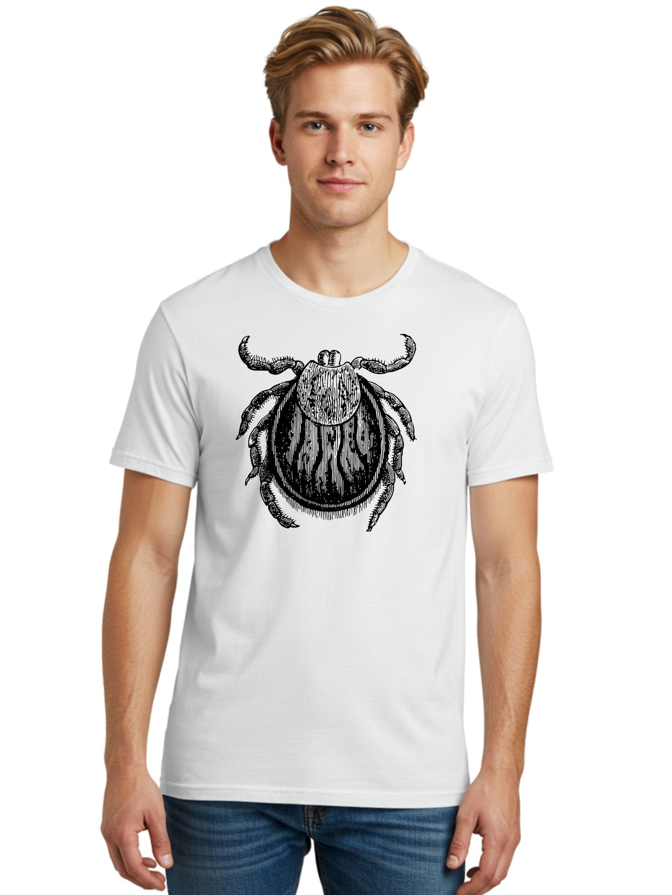 Tick Men'S Graphic Tee, 100% Cotton, Comfortable Casual Summer Wear, Machine Washable, Tick Illustration, Black And Green, Insect Drawing, Arachnid Art, Parasite Icon, Detailed Engraving, Vector Graphic, Creepy Crawlers Aab559 22