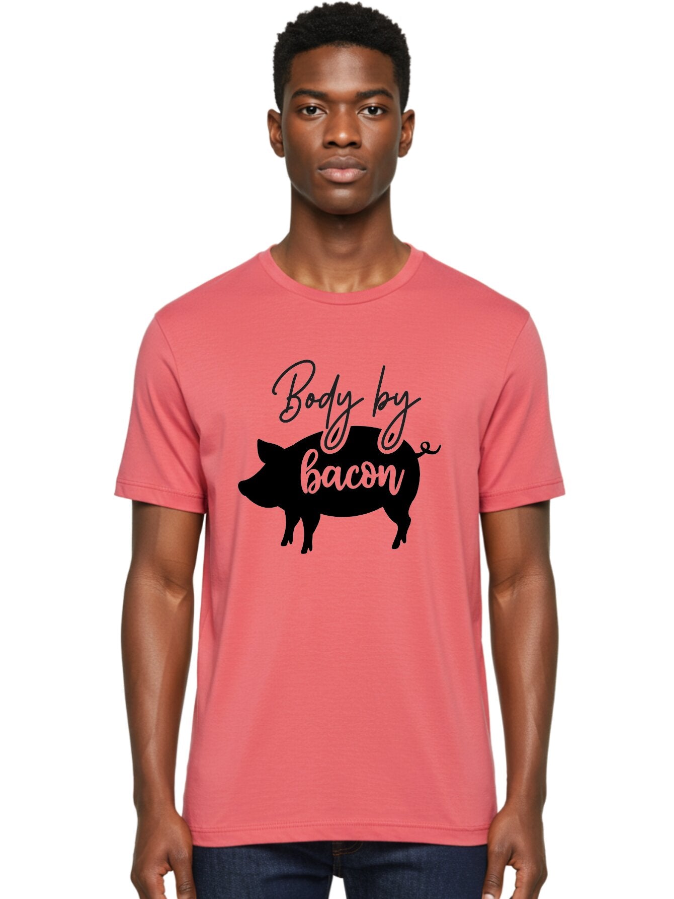 Body-By-Bacon Men'S Graphic Tee, 100% Cotton, Comfortable Casual Summer Wear, Machine Washable, Funny Pig Silhouette, Bacon Lovers, Pig With High Heels, Humorous Illustration, Quirky Art, Pig Silhouette With Text, Body By Bacon Aab567 19