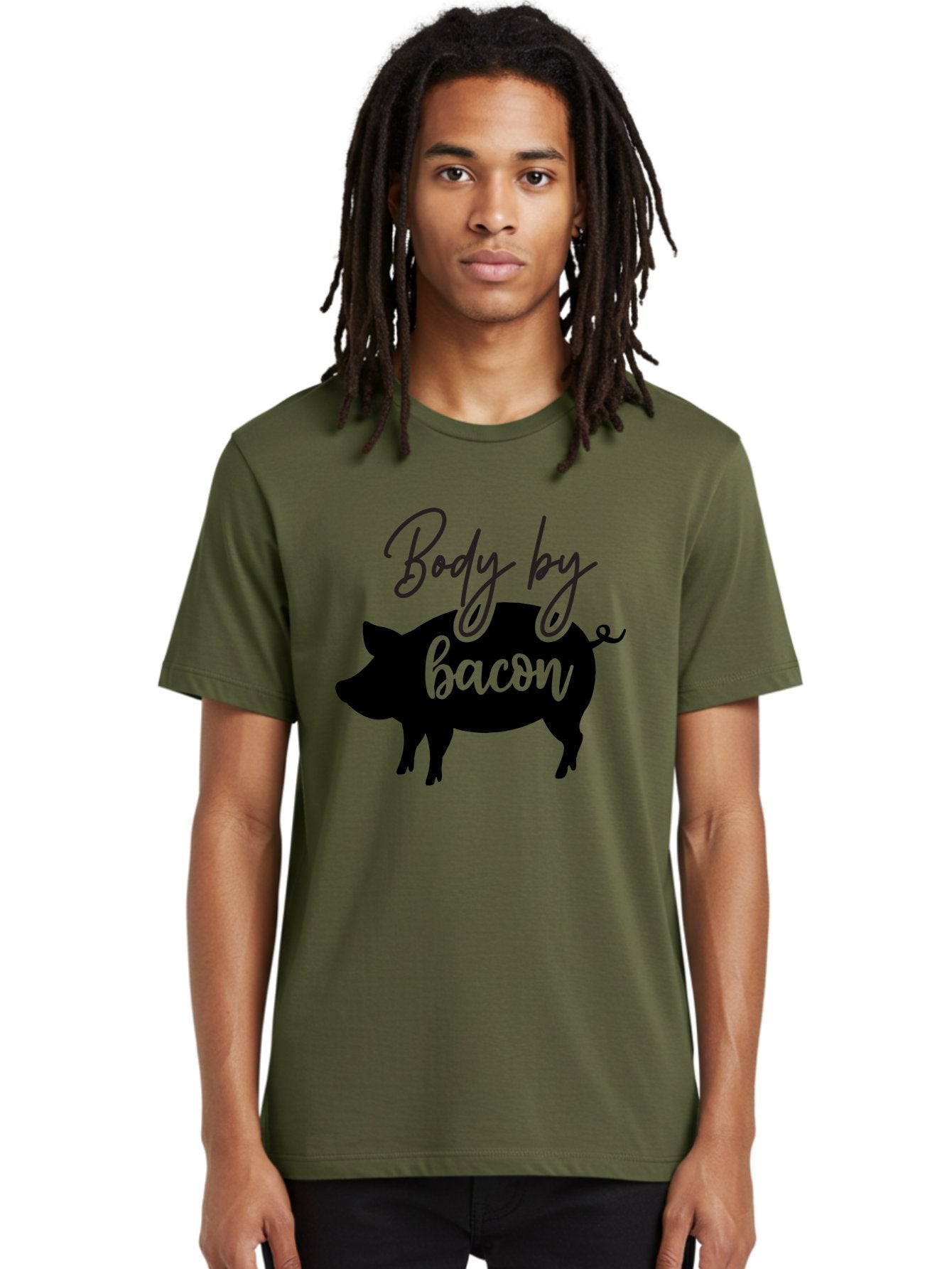 Body-By-Bacon Men'S Graphic Tee, 100% Cotton, Comfortable Casual Summer Wear, Machine Washable, Funny Pig Silhouette, Bacon Lovers, Pig With High Heels, Humorous Illustration, Quirky Art, Pig Silhouette With Text, Body By Bacon Aab567 27