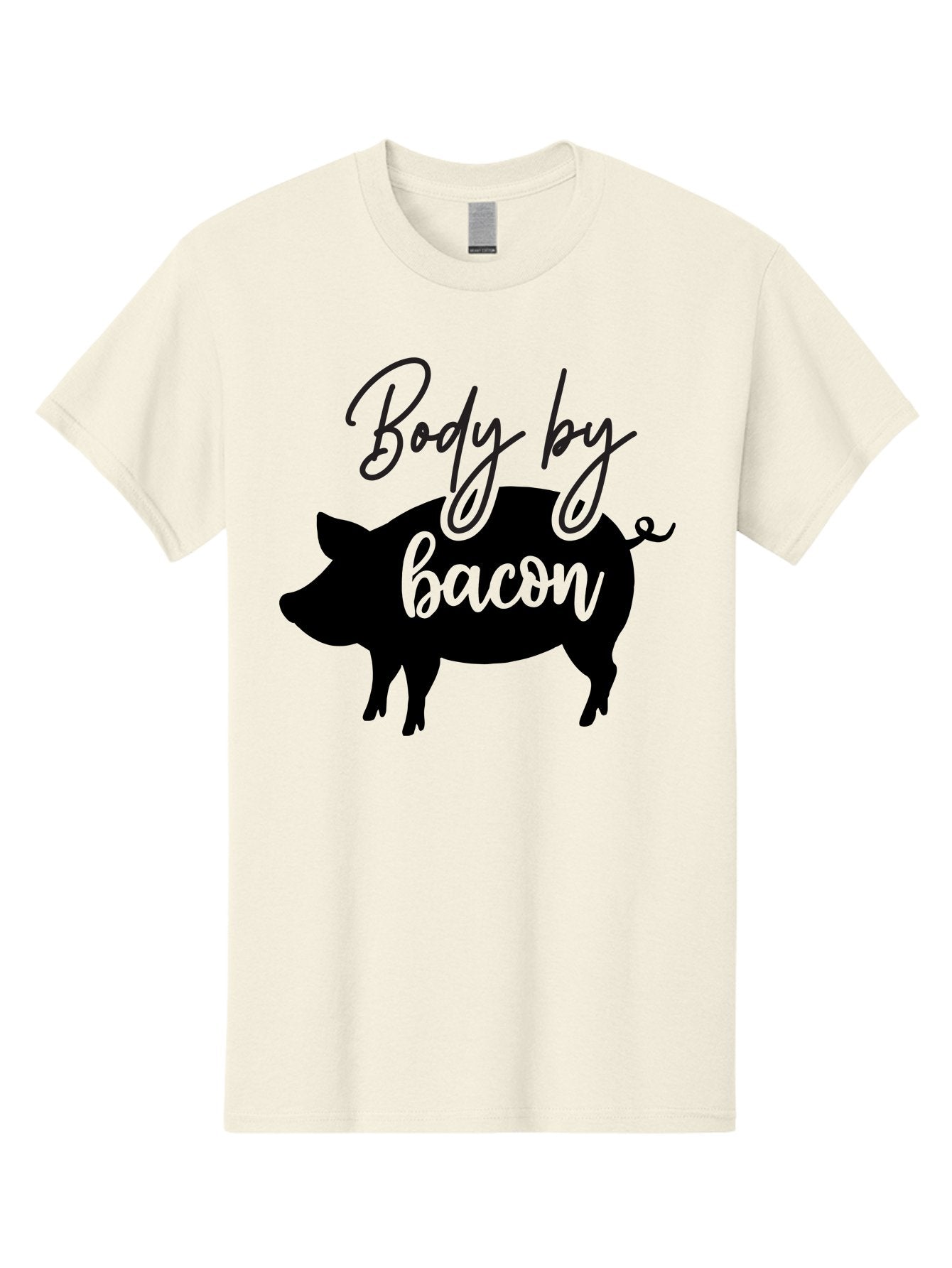 Body-By-Bacon Men'S Graphic Tee, 100% Cotton, Comfortable Casual Summer Wear, Machine Washable, Funny Pig Silhouette, Bacon Lovers, Pig With High Heels, Humorous Illustration, Quirky Art, Pig Silhouette With Text, Body By Bacon Aab567 13
