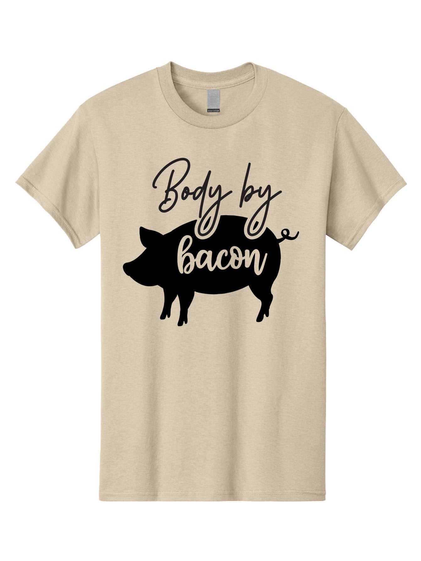 Body-By-Bacon Men'S Graphic Tee, 100% Cotton, Comfortable Casual Summer Wear, Machine Washable, Funny Pig Silhouette, Bacon Lovers, Pig With High Heels, Humorous Illustration, Quirky Art, Pig Silhouette With Text, Body By Bacon Aab567 12
