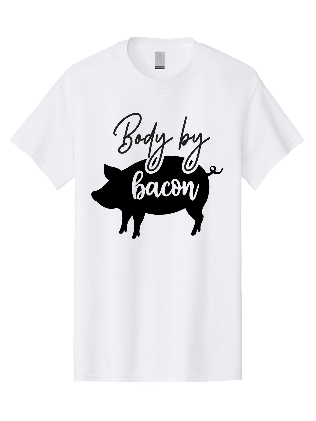 Body-By-Bacon Men'S Graphic Tee, 100% Cotton, Comfortable Casual Summer Wear, Machine Washable, Funny Pig Silhouette, Bacon Lovers, Pig With High Heels, Humorous Illustration, Quirky Art, Pig Silhouette With Text, Body By Bacon Aab567