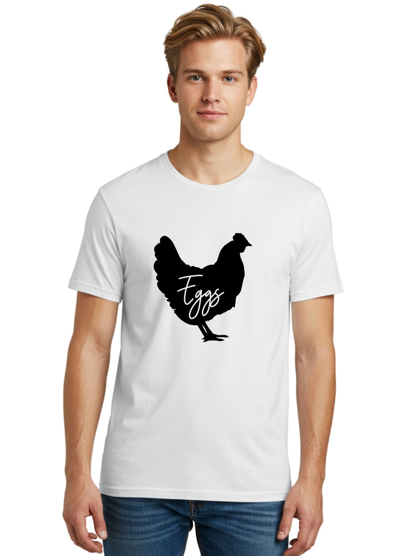 Eggs Men'S Graphic Tee, 100% Cotton, Comfortable Casual Summer Wear, Machine Washable, Black Chicken Silhouette, Egg Production Logo, Poultry Farm Graphics, Chicken Illustration, Eggs Text Overlay, Farm Fresh Eggs, Simple Design Elements, Aab573 23