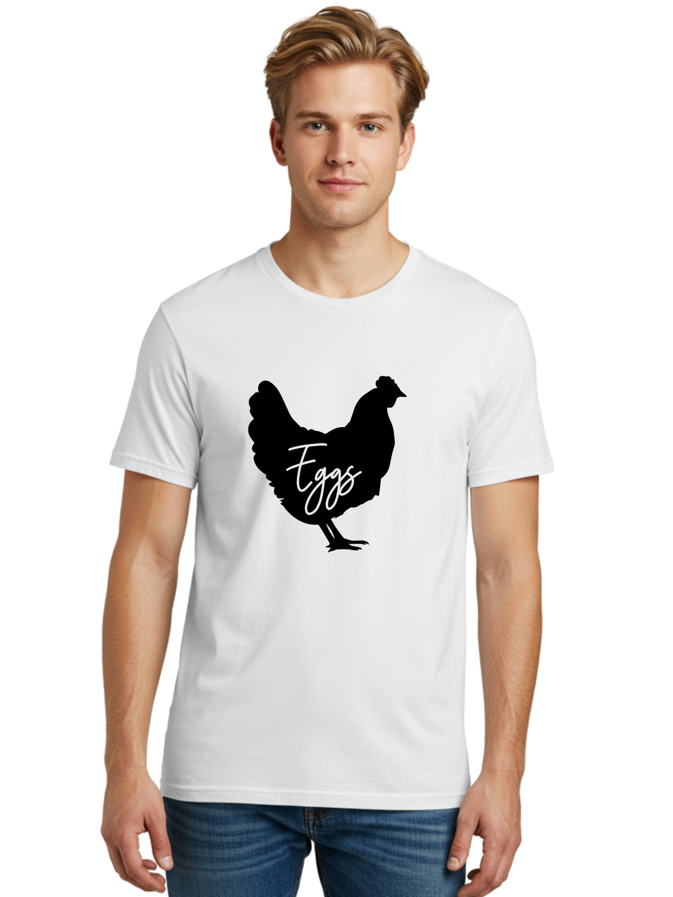 Eggs Men'S Graphic Tee, 100% Cotton, Comfortable Casual Summer Wear, Machine Washable, Black Chicken Silhouette, Egg Production Logo, Poultry Farm Graphics, Chicken Illustration, Eggs Text Overlay, Farm Fresh Eggs, Simple Design Elements, Aab573 30