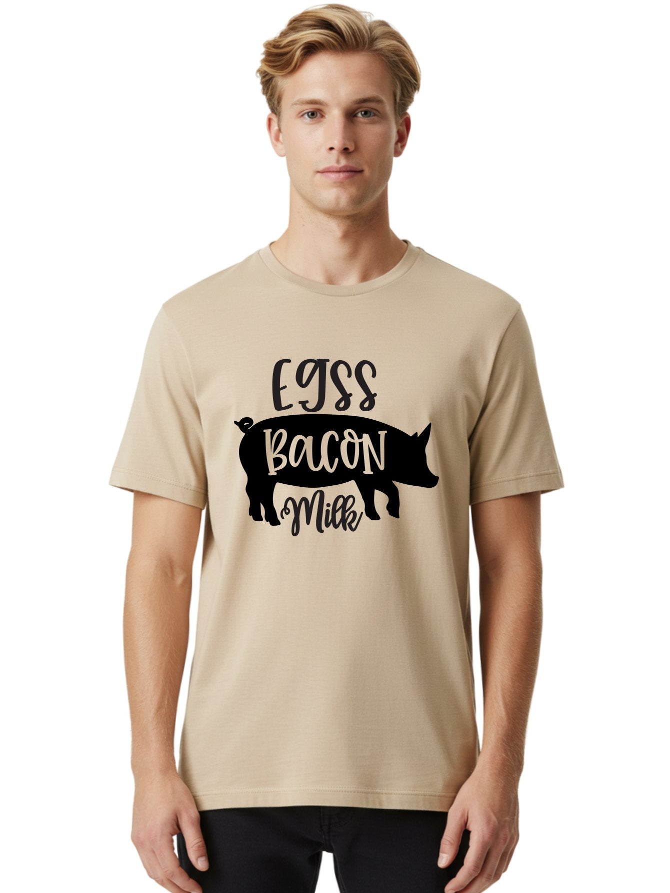 Egjss-Bacon-Milk Men'S Graphic Tee, 100% Cotton, Comfortable Casual Summer Wear, Machine Washable, Eggs, Bacon, Milk, Pig Silhouette, Farm Fresh, Dairy Products, Breakfast Foods, Savory Delights, Farm-To-Table Aab574 17