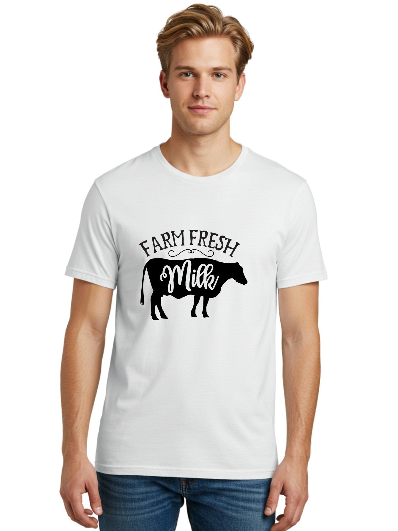 Farm-Fresh-Milk Men'S Graphic Tee, 100% Cotton, Comfortable Casual Summer Wear, Machine Washable, Cow Silhouette, Farm Fresh Milk, Dairy Products, Farm Produce, Milk Production, Agricultural Products, Fresh Milk, Farm Fresh Aab578 17