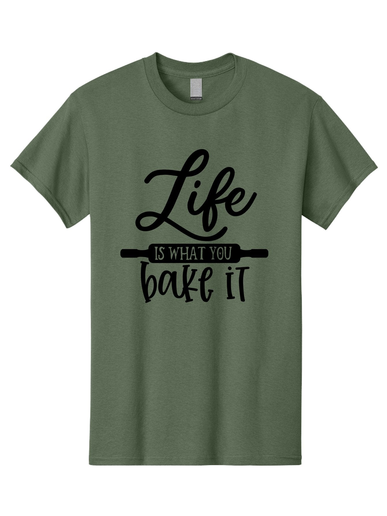 Life-Is-What-You-Bake-It Men'S Graphic Tee, 100% Cotton, Comfortable Casual Summer Wear, Machine Washable, Inspirational Quote, Baking Inspiration, Motivational Phrases, Positive Affirmations, Kitchen Decor, Baking Quotes, Rolling Pin Design Aab585