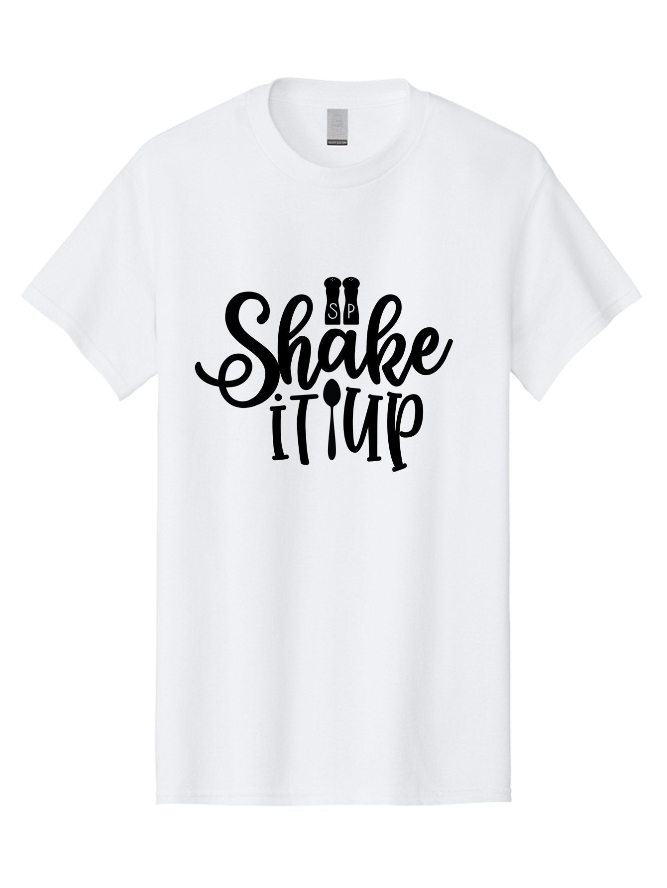 Shake-It-Iup Men'S Graphic Tee, 100% Cotton, Comfortable Casual Summer Wear, Machine Washable, Shake It Up, Sp, Salt And Pepper Shakers, Spoon, Fork, Modern Typography, Creative Logo, Culinary Vibe, Restaurant Branding Aab588