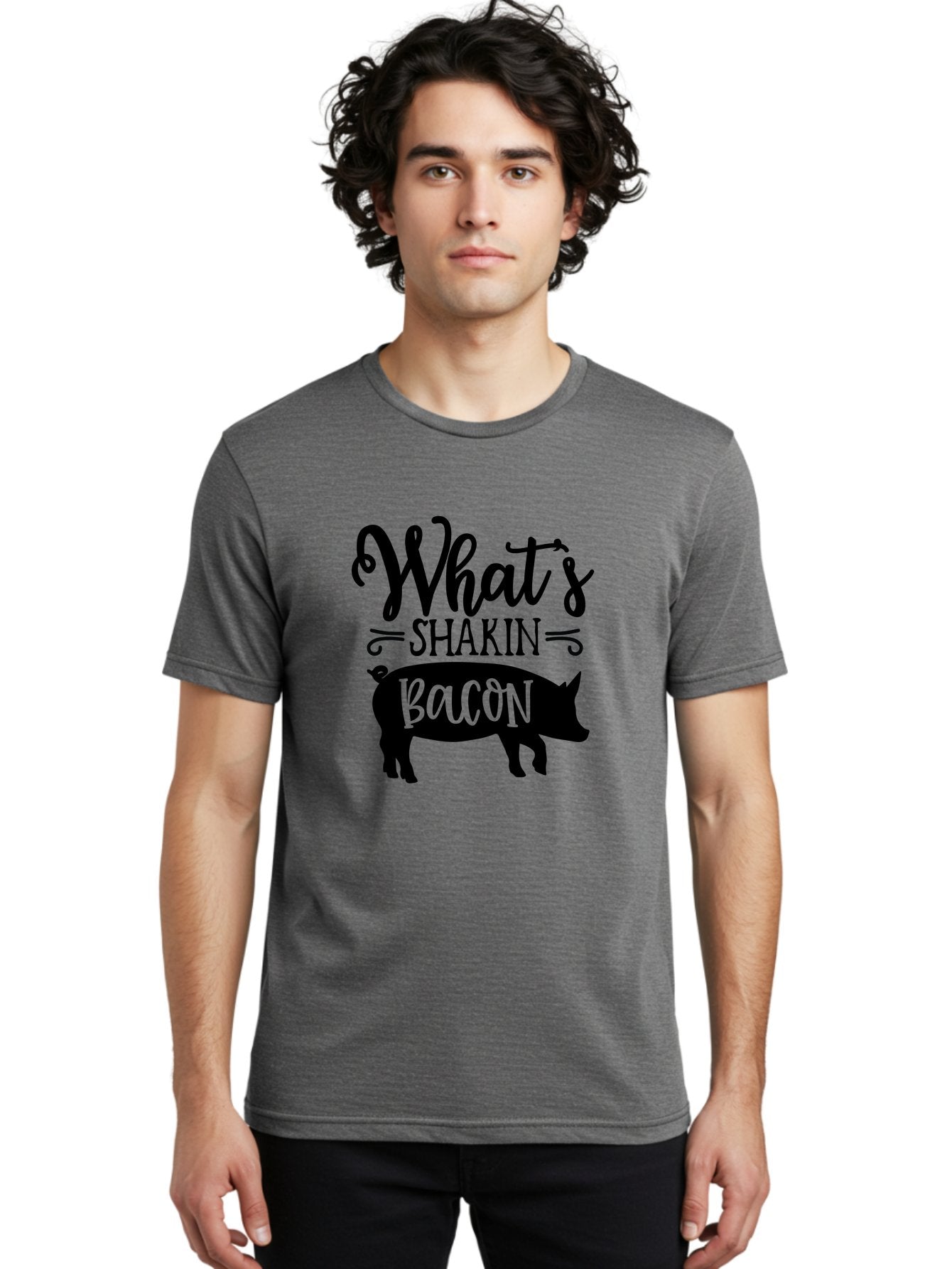 What-S-Shakin-Bacon Men'S Graphic Tee, 100% Cotton, Comfortable Casual Summer Wear, Machine Washable, Funny Pig Graphic, Bacon Lover Gift, Playful Typography, What'S Shakin Bacon, Pig Silhouette, Whimsical Design, Humor, Bacon Pun, Aab593 24