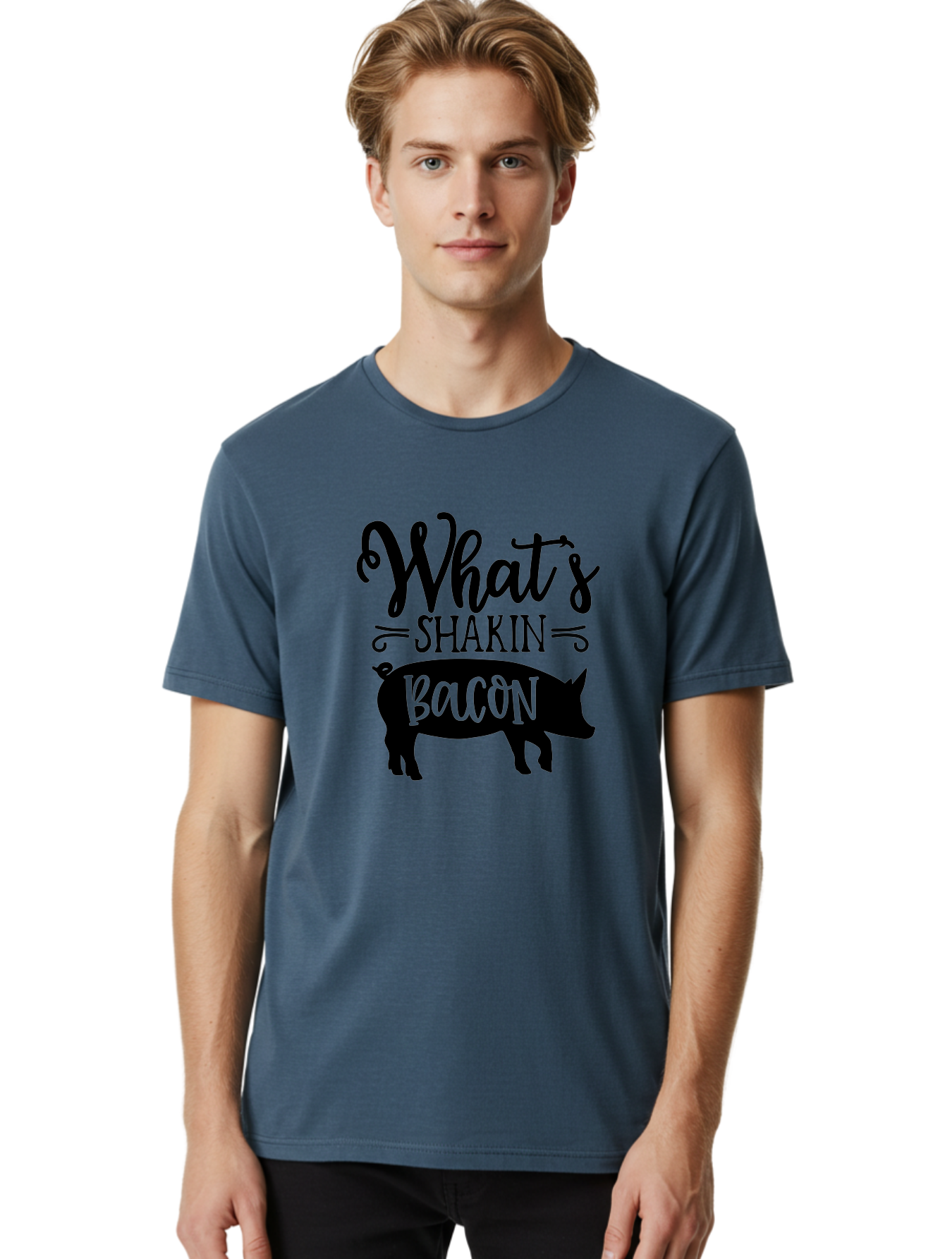 What-S-Shakin-Bacon Men'S Graphic Tee, 100% Cotton, Comfortable Casual Summer Wear, Machine Washable, Funny Pig Graphic, Bacon Lover Gift, Playful Typography, What'S Shakin Bacon, Pig Silhouette, Whimsical Design, Humor, Bacon Pun, Aab593 12