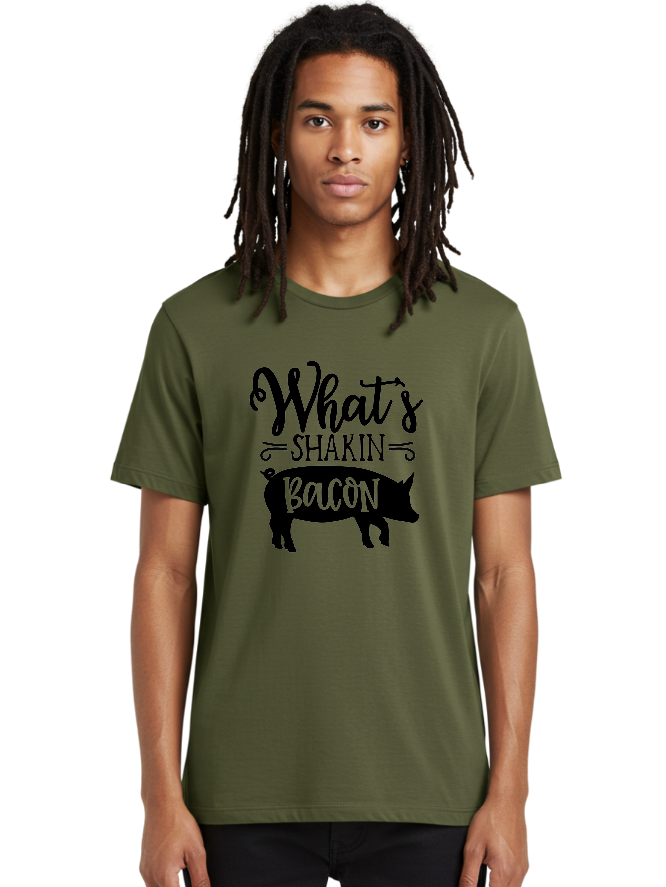 What-S-Shakin-Bacon Men'S Graphic Tee, 100% Cotton, Comfortable Casual Summer Wear, Machine Washable, Funny Pig Graphic, Bacon Lover Gift, Playful Typography, What'S Shakin Bacon, Pig Silhouette, Whimsical Design, Humor, Bacon Pun, Aab593 18