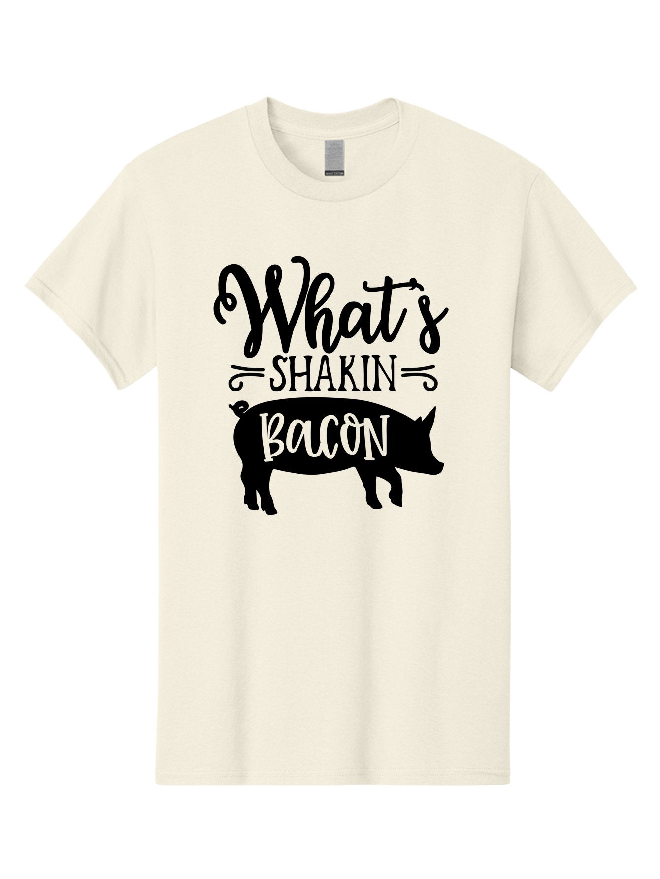 What-S-Shakin-Bacon Men'S Graphic Tee, 100% Cotton, Comfortable Casual Summer Wear, Machine Washable, Funny Pig Graphic, Bacon Lover Gift, Playful Typography, What'S Shakin Bacon, Pig Silhouette, Whimsical Design, Humor, Bacon Pun, Aab593 13