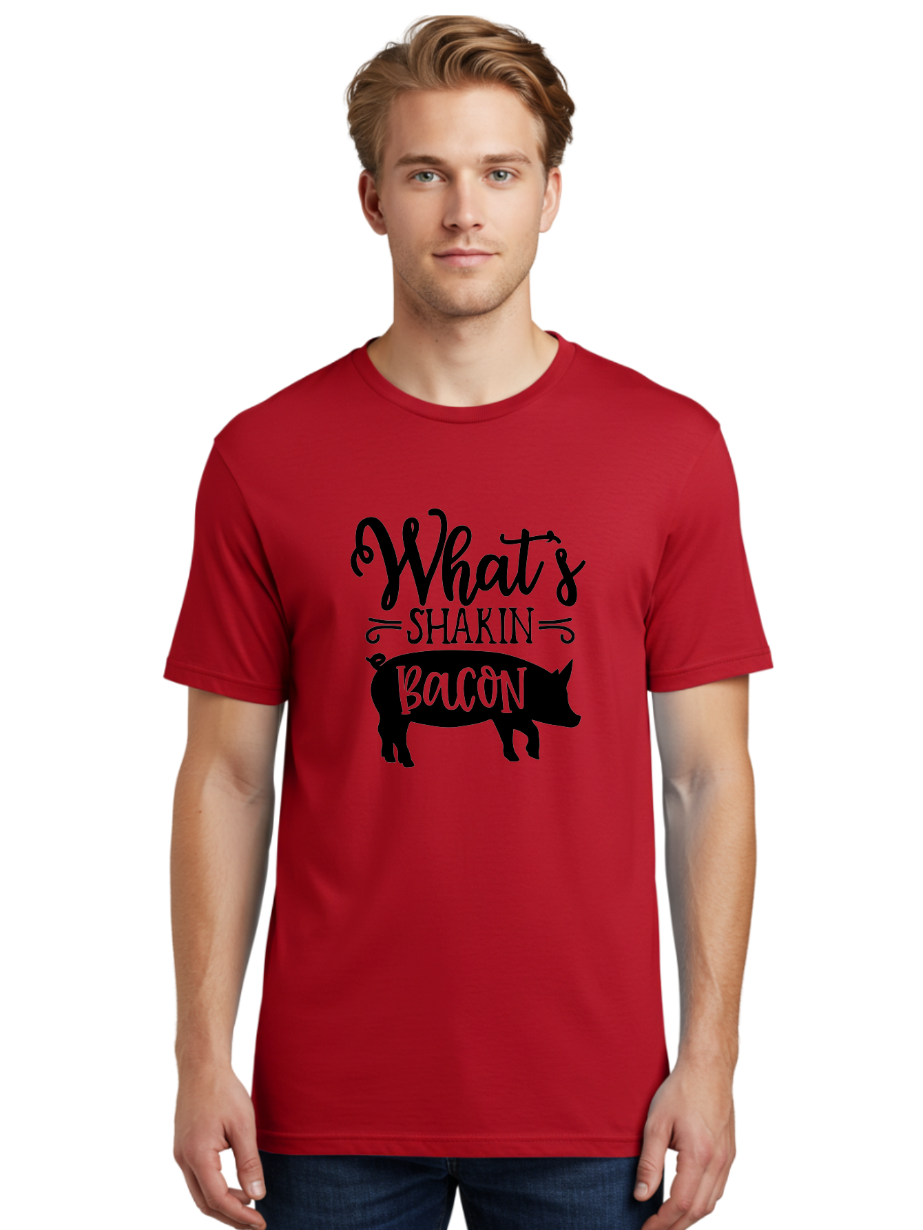 What-S-Shakin-Bacon Men'S Graphic Tee, 100% Cotton, Comfortable Casual Summer Wear, Machine Washable, Funny Pig Graphic, Bacon Lover Gift, Playful Typography, What'S Shakin Bacon, Pig Silhouette, Whimsical Design, Humor, Bacon Pun, Aab593 20