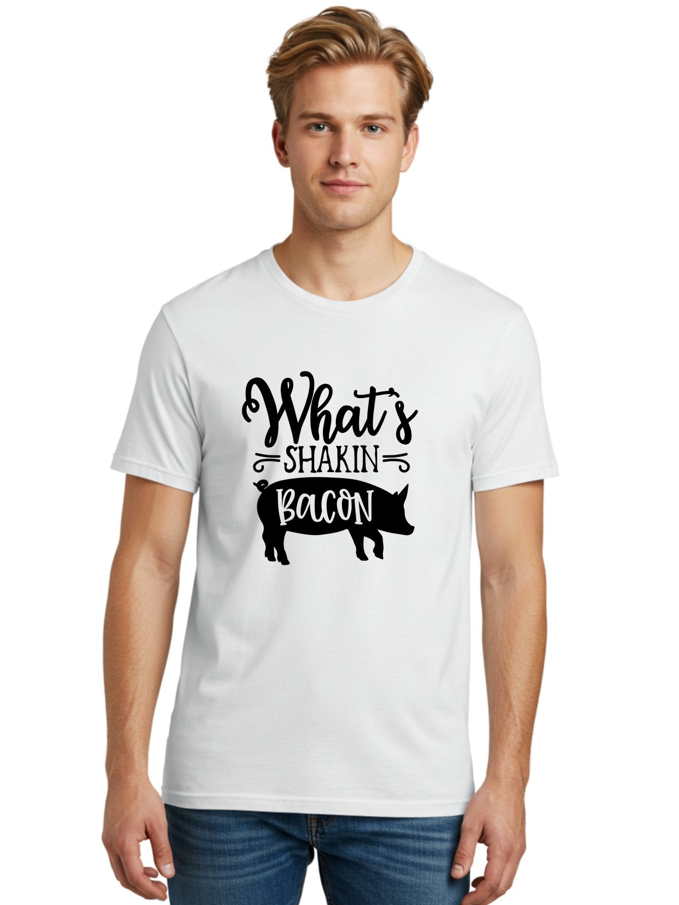 What-S-Shakin-Bacon Men'S Graphic Tee, 100% Cotton, Comfortable Casual Summer Wear, Machine Washable, Funny Pig Graphic, Bacon Lover Gift, Playful Typography, What'S Shakin Bacon, Pig Silhouette, Whimsical Design, Humor, Bacon Pun, Aab593 17