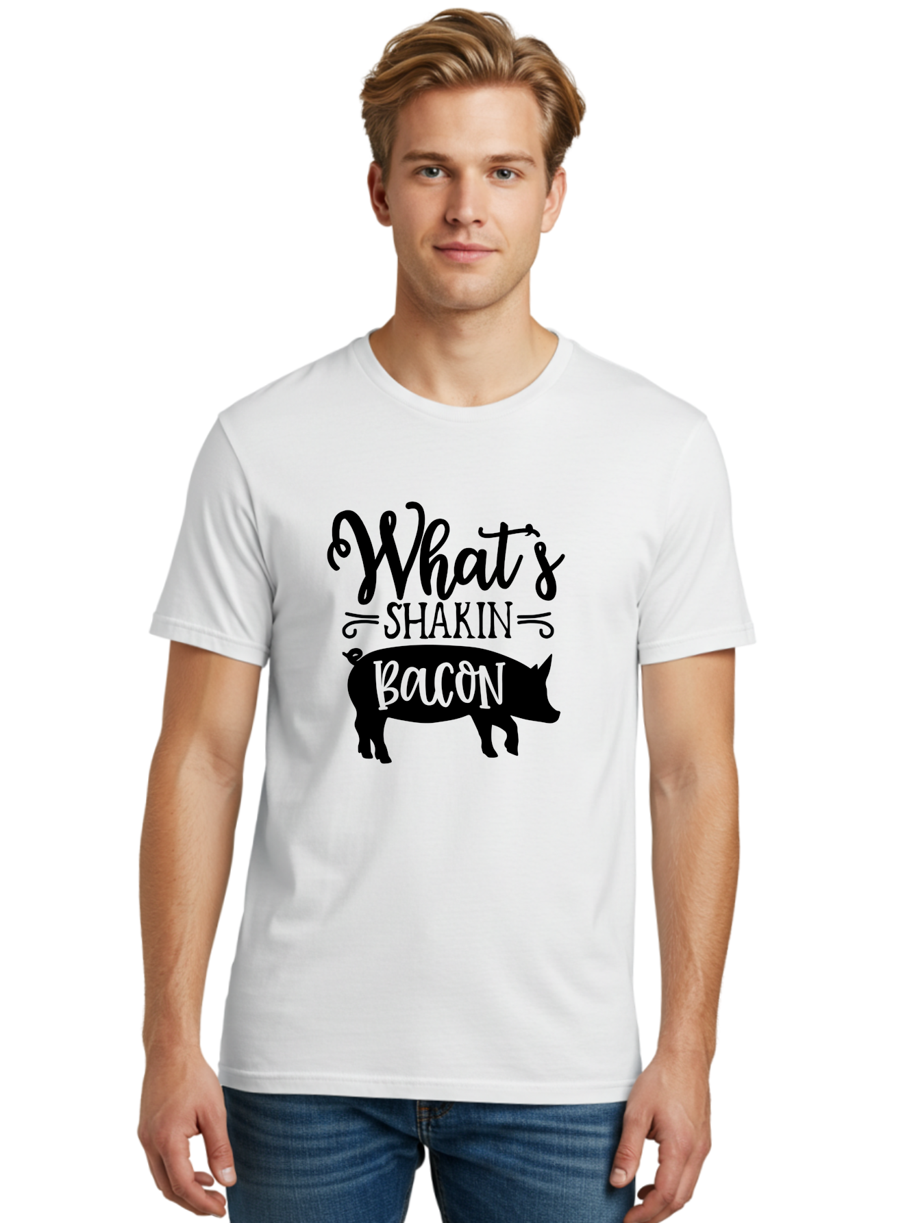 What-S-Shakin-Bacon Men'S Graphic Tee, 100% Cotton, Comfortable Casual Summer Wear, Machine Washable, Funny Pig Graphic, Bacon Lover Gift, Playful Typography, What'S Shakin Bacon, Pig Silhouette, Whimsical Design, Humor, Bacon Pun, Aab593 28