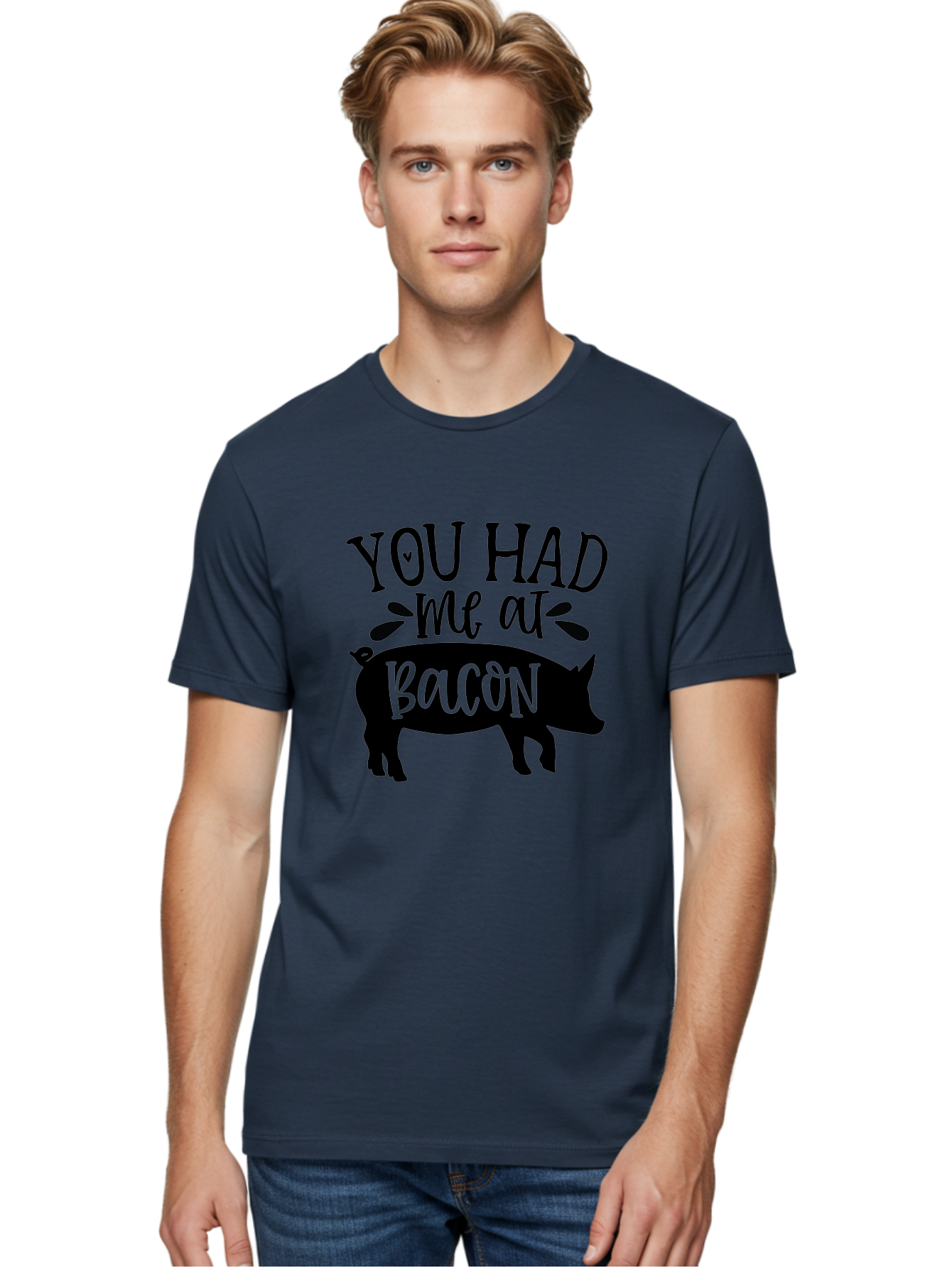 You-Had-Me-At-Bacon Men'S Graphic Tee, 100% Cotton, Comfortable Casual Summer Wear, Machine Washable, Funny Pig Quote, Bacon Lover Gift, Pig Silhouette, Cute Pig Design, Humorous Kitchen Decor, Love At Bacon Quote, Foodie Humor, Bacon Pun Aab599 6