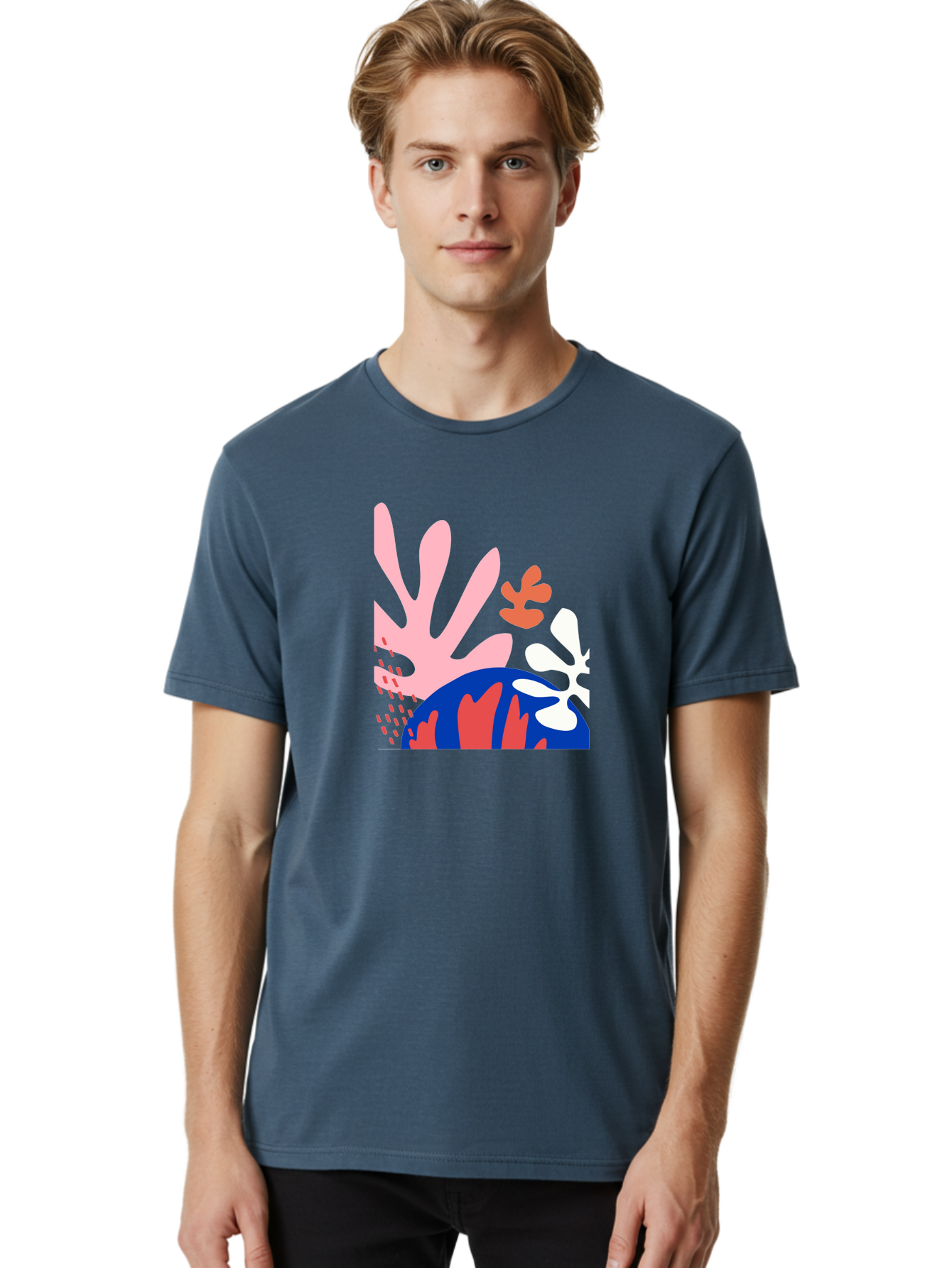 Abstract-Art Men'S Graphic Tee, 100% Cotton, Comfortable Casual Summer Wear, Machine Washable, Abstract Floral Design, Vibrant Colors, Playful Patterns, Blue And Red Globe, Pink Background, Yellow Rectangle, Modern Art, Creative Graphic Aab600 18