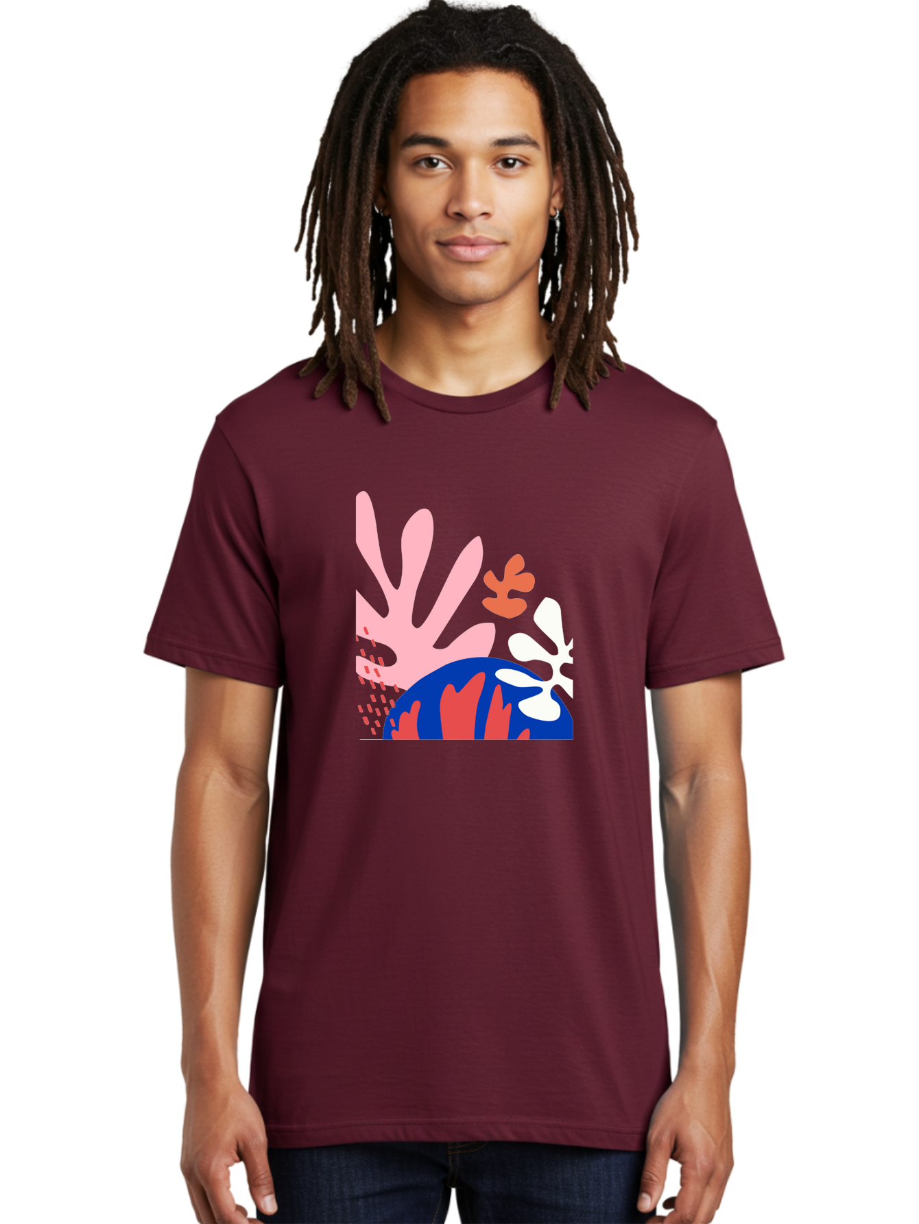 Abstract-Art Men'S Graphic Tee, 100% Cotton, Comfortable Casual Summer Wear, Machine Washable, Abstract Floral Design, Vibrant Colors, Playful Patterns, Blue And Red Globe, Pink Background, Yellow Rectangle, Modern Art, Creative Graphic Aab600 16